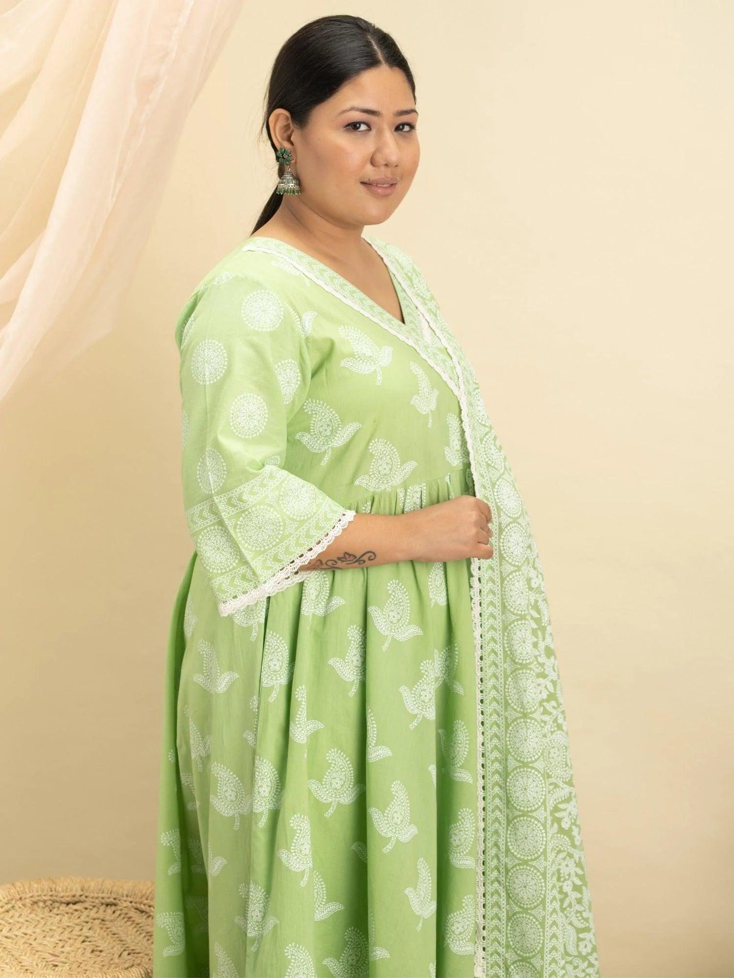 Plus Size Green Printed Cotton Suit Set