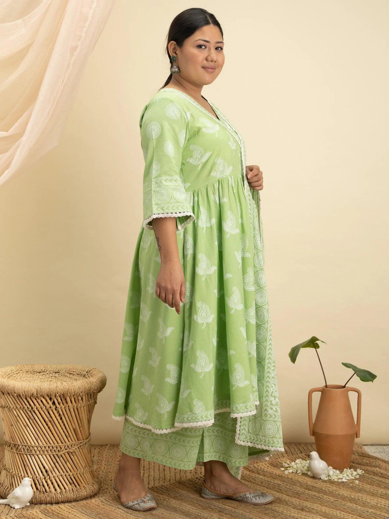 Plus Size Green Printed Cotton Suit Set