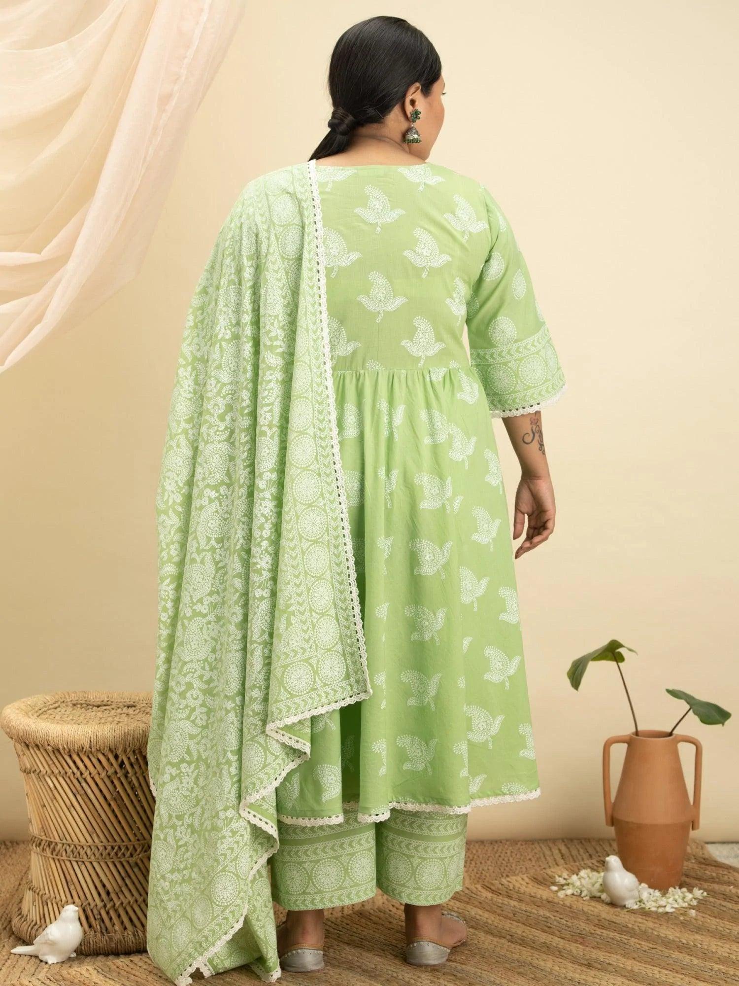 Plus Size Green Printed Cotton Suit Set