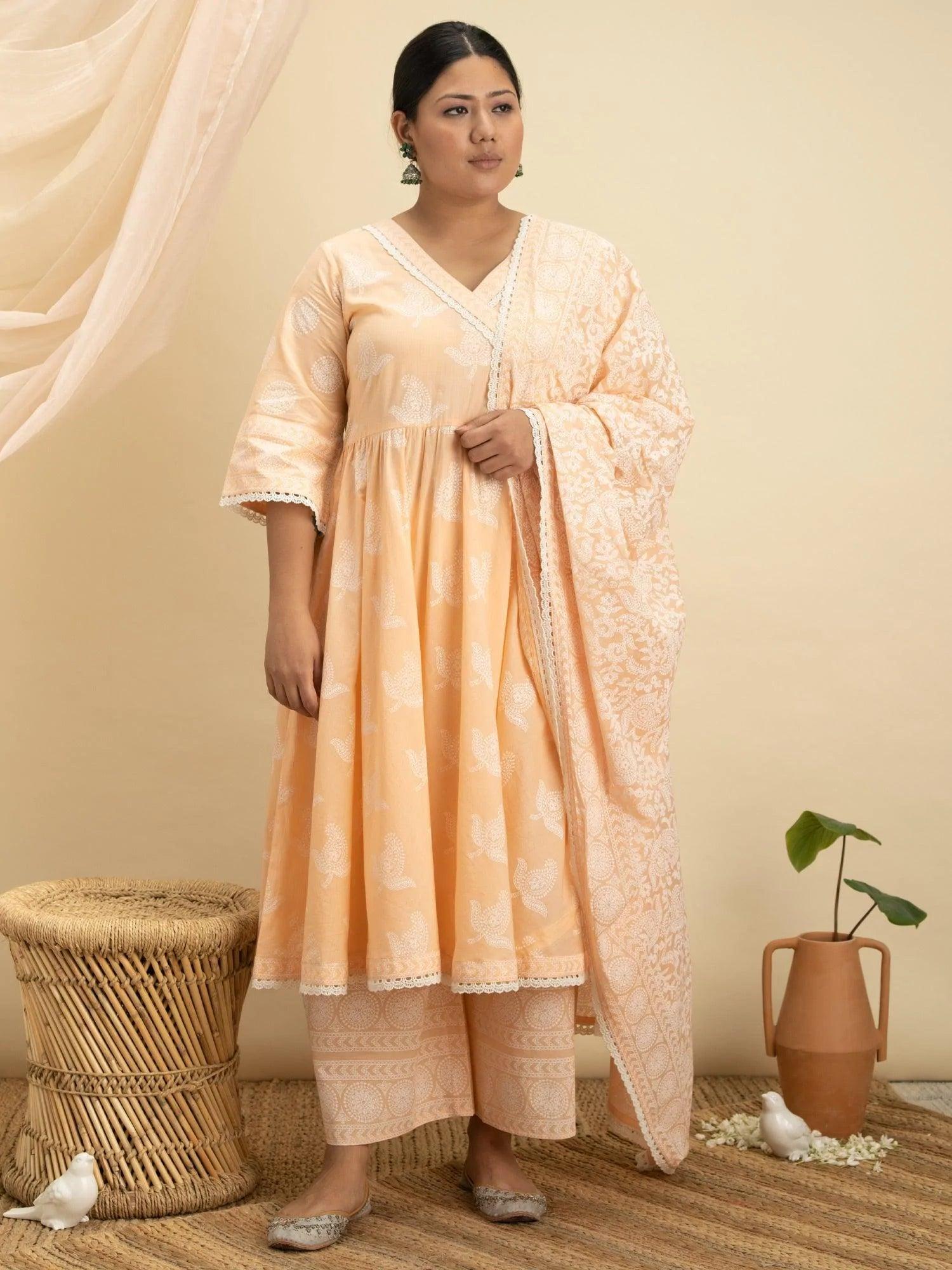 Plus Size Peach Printed Cotton Suit Set