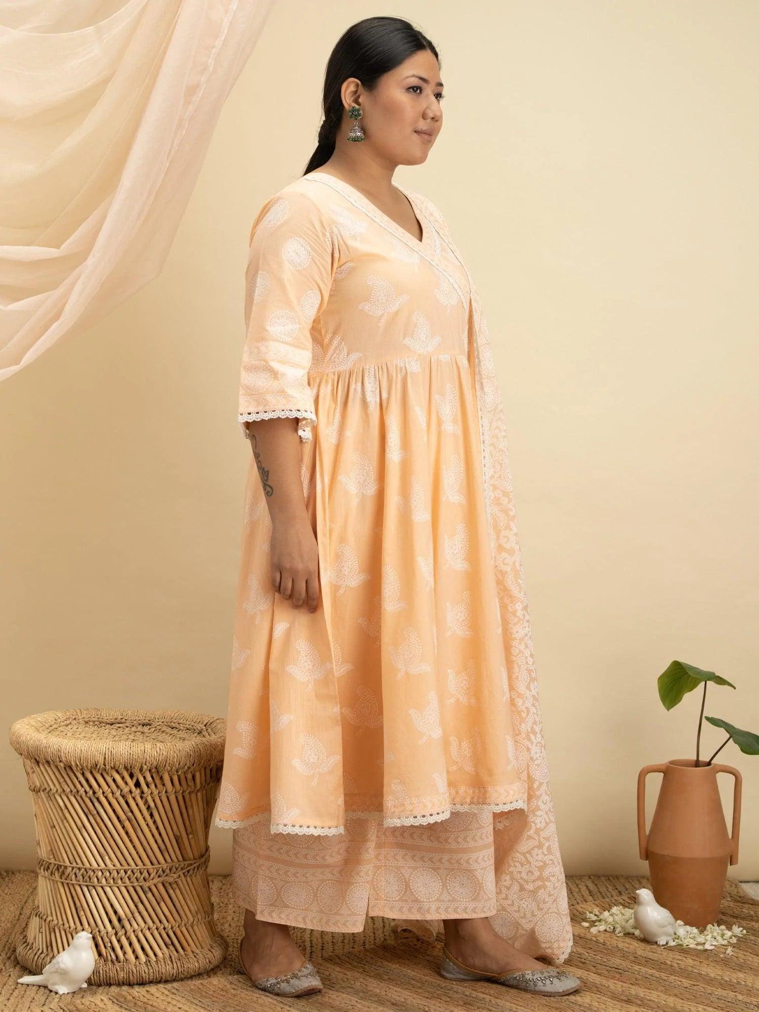 Plus Size Peach Printed Cotton Suit Set