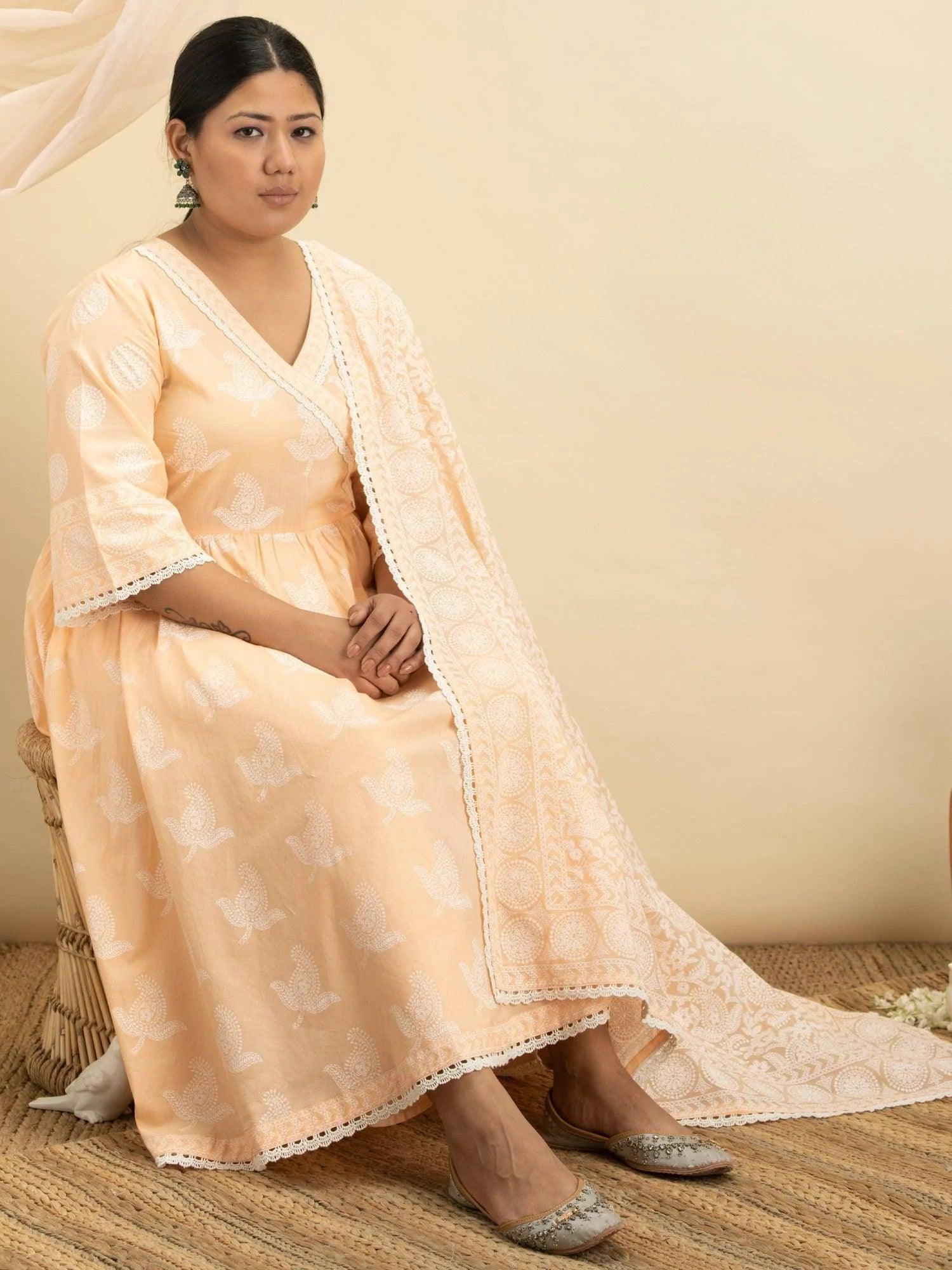 Plus Size Peach Printed Cotton Suit Set