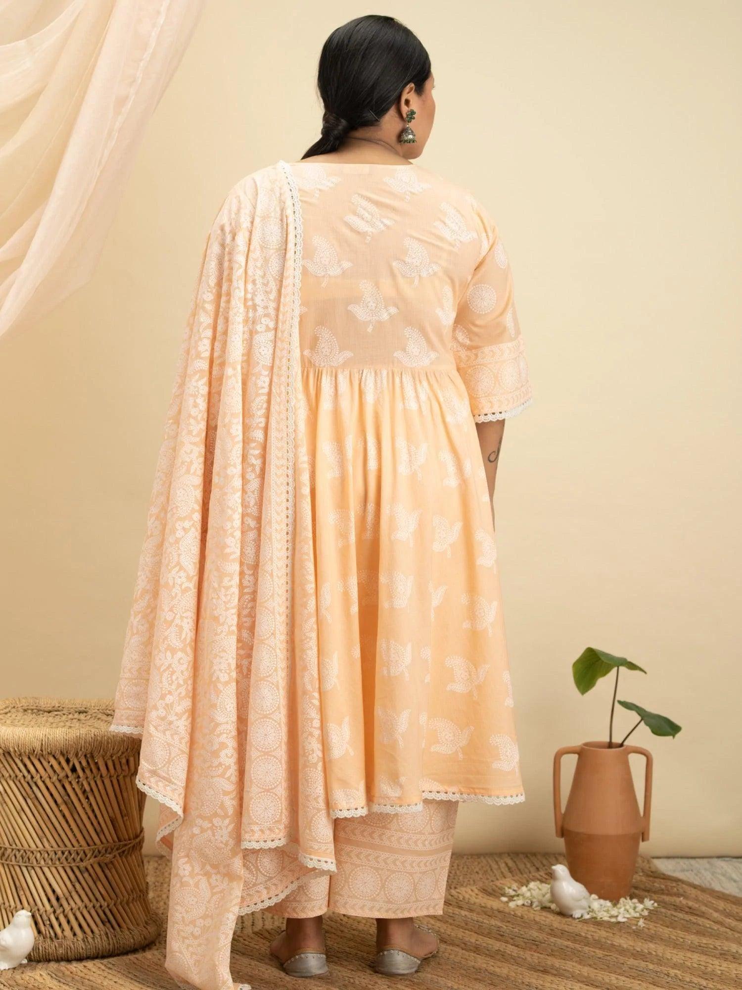 Plus Size Peach Printed Cotton Suit Set