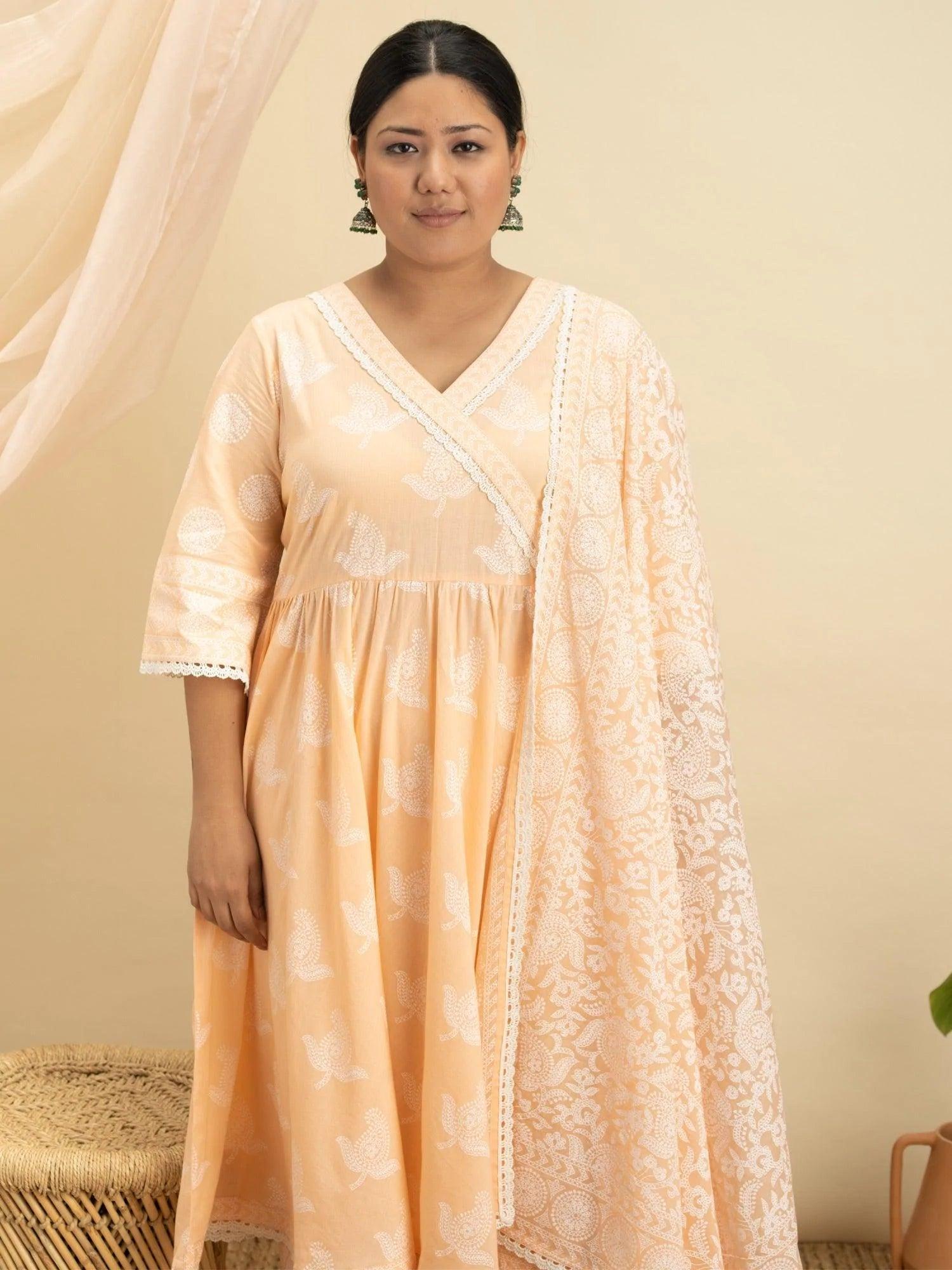 Plus Size Peach Printed Cotton Suit Set