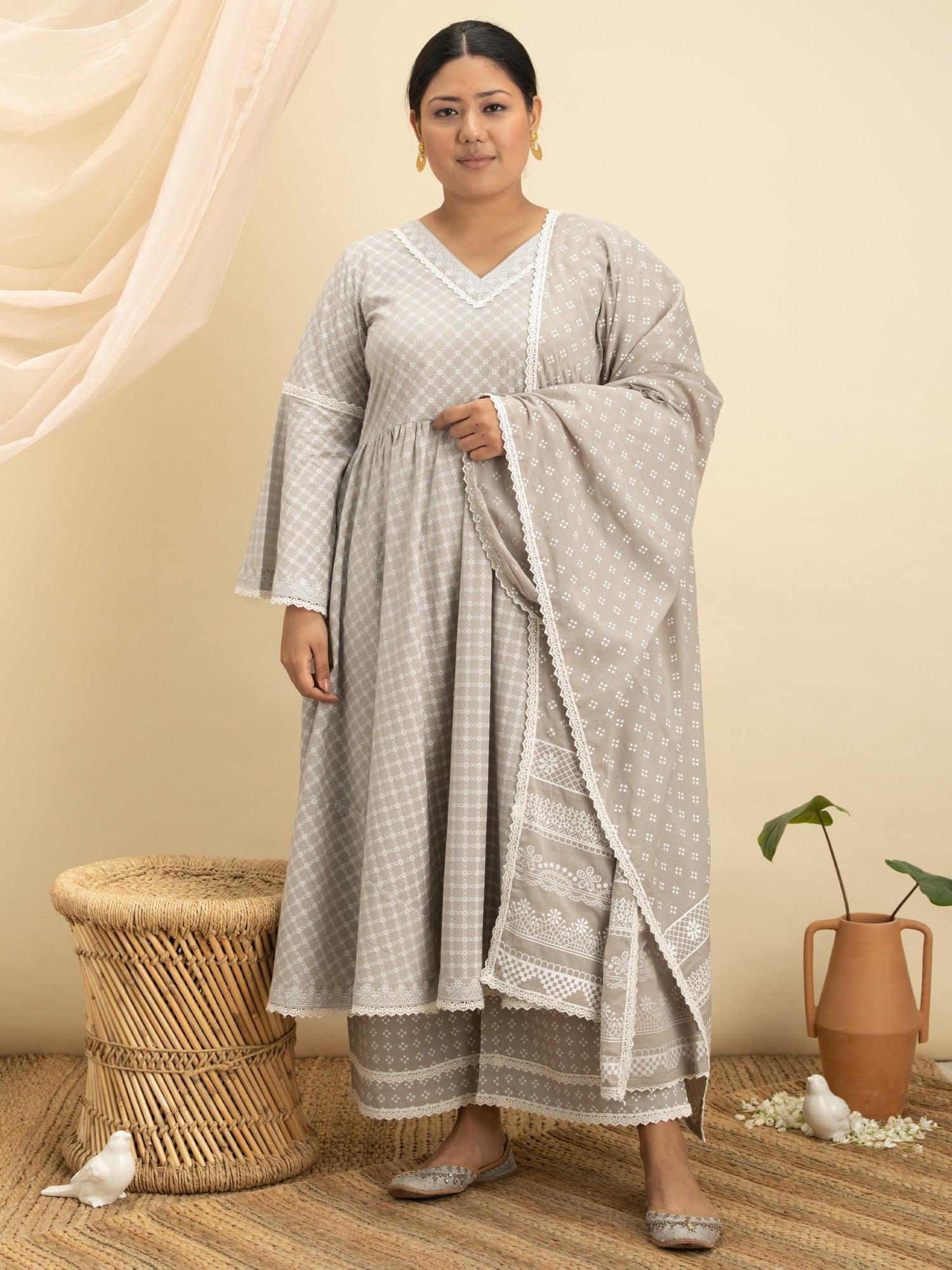 Plus Size Grey Printed Cotton Suit Set