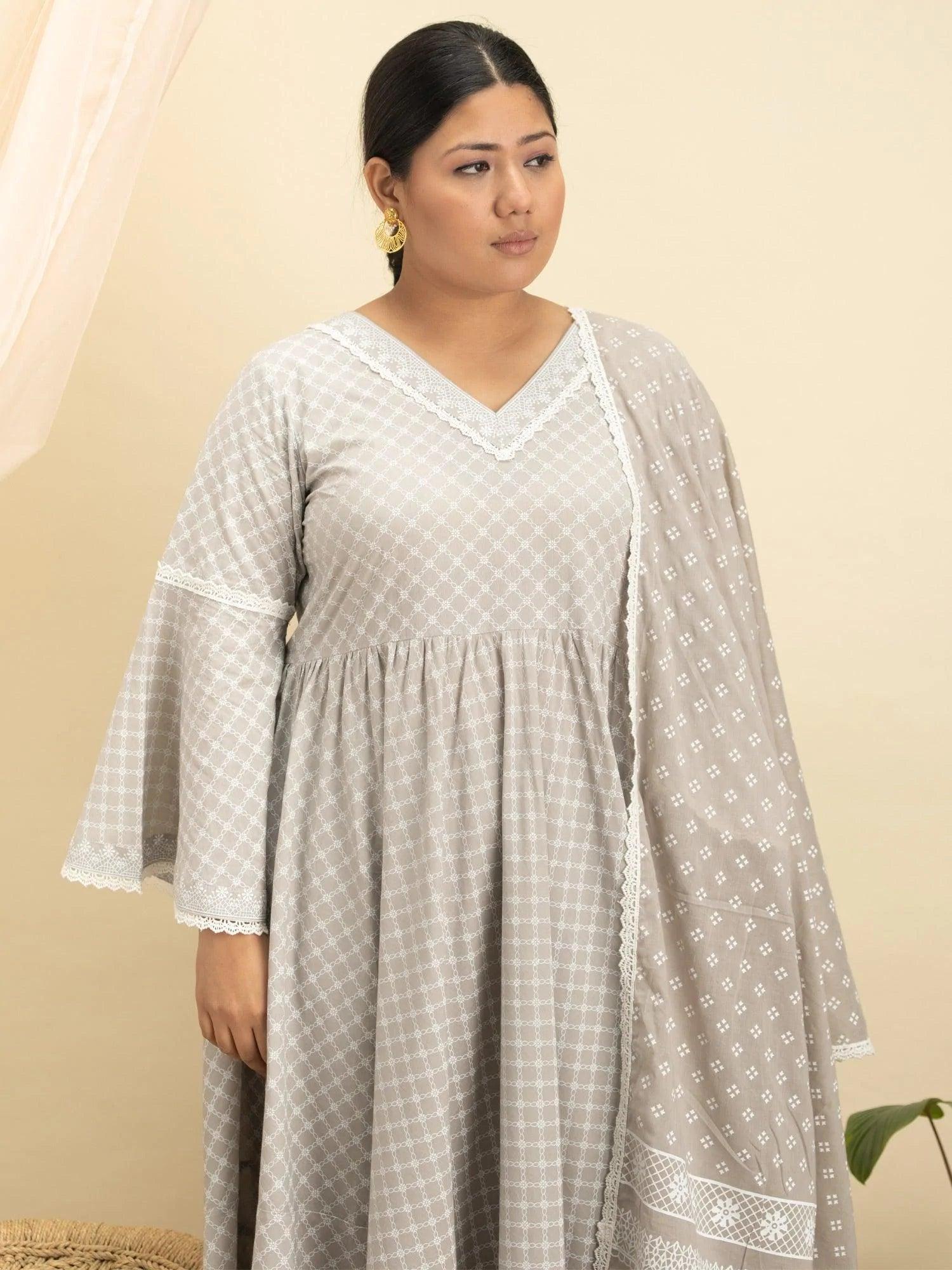 Plus Size Grey Printed Cotton Suit Set