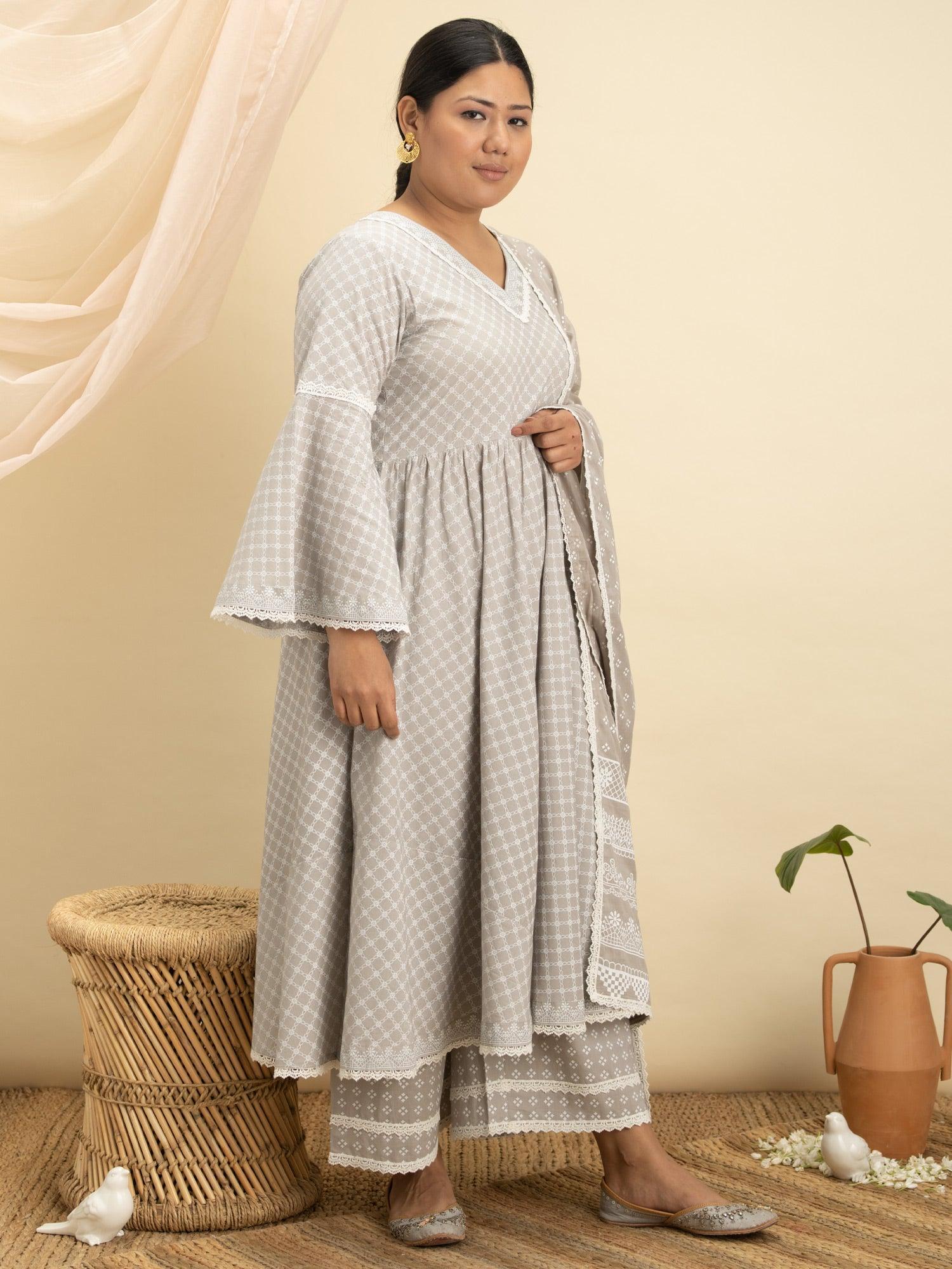 Plus Size Grey Printed Cotton Suit Set