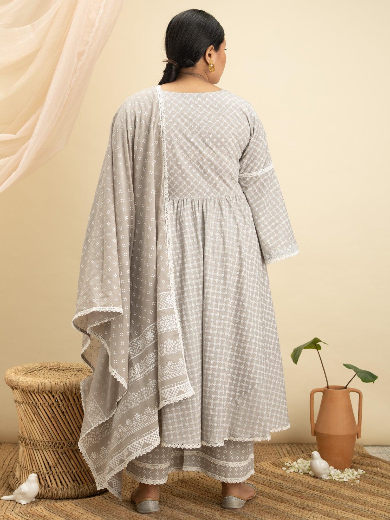 Plus Size Grey Printed Cotton Suit Set