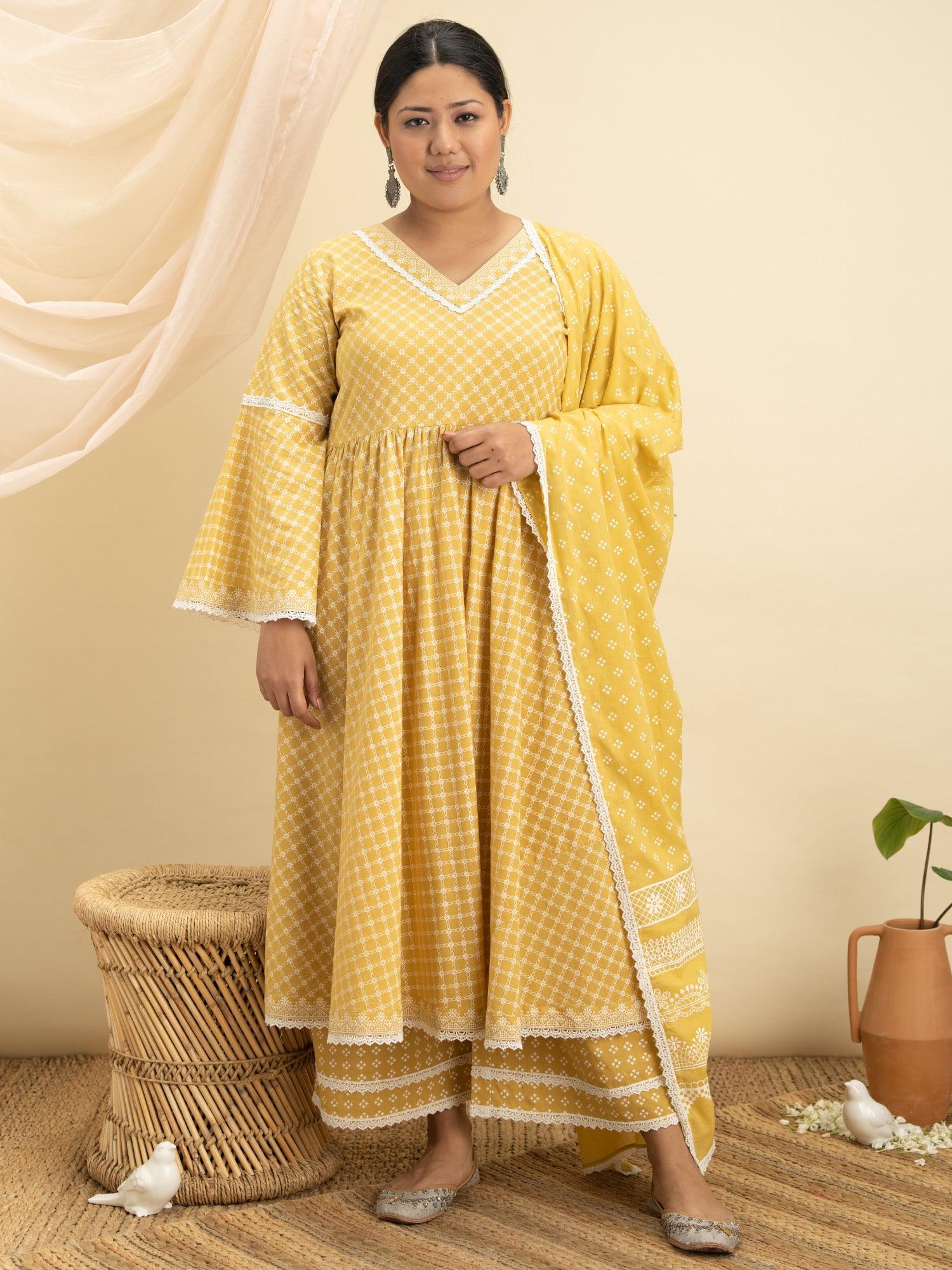 Plus Size Yellow Printed Cotton Suit Set