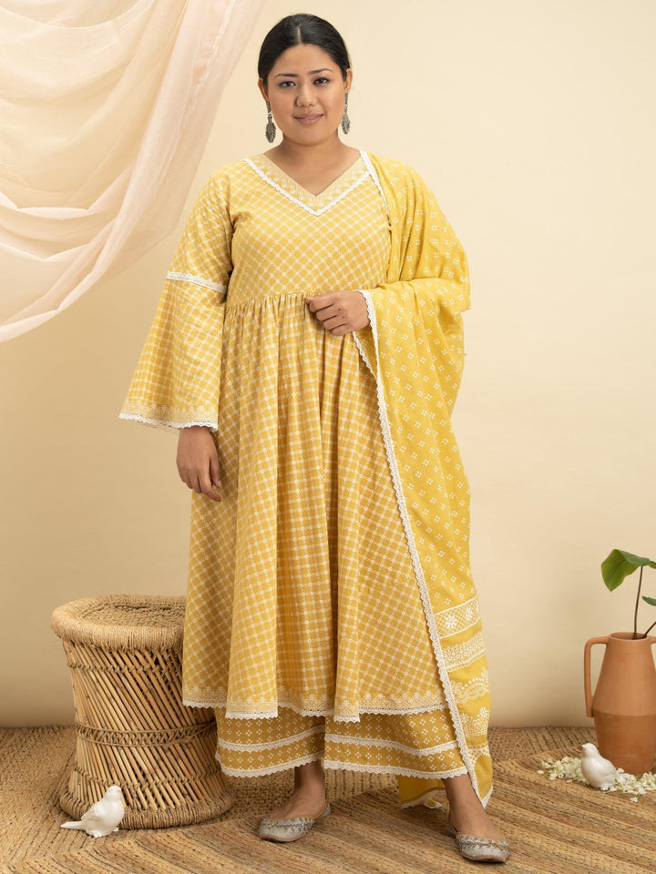 Plus Size Yellow Printed Cotton Suit Set - ShopLibas