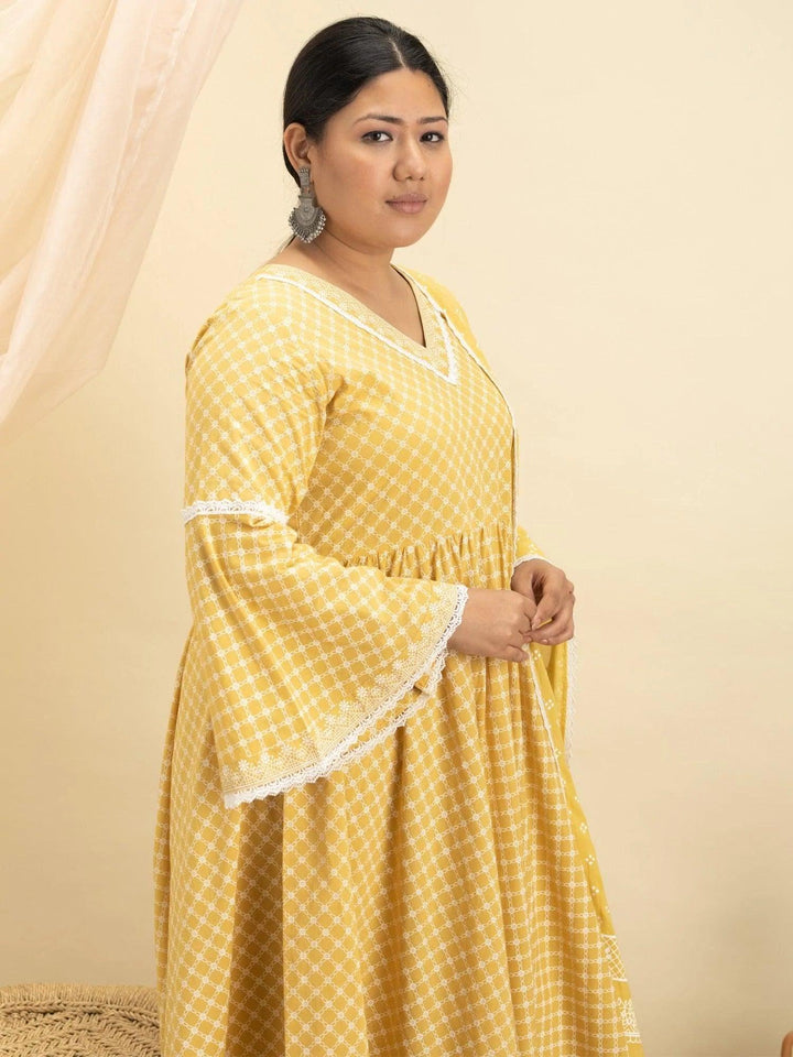 Plus Size Yellow Printed Cotton Suit Set - ShopLibas