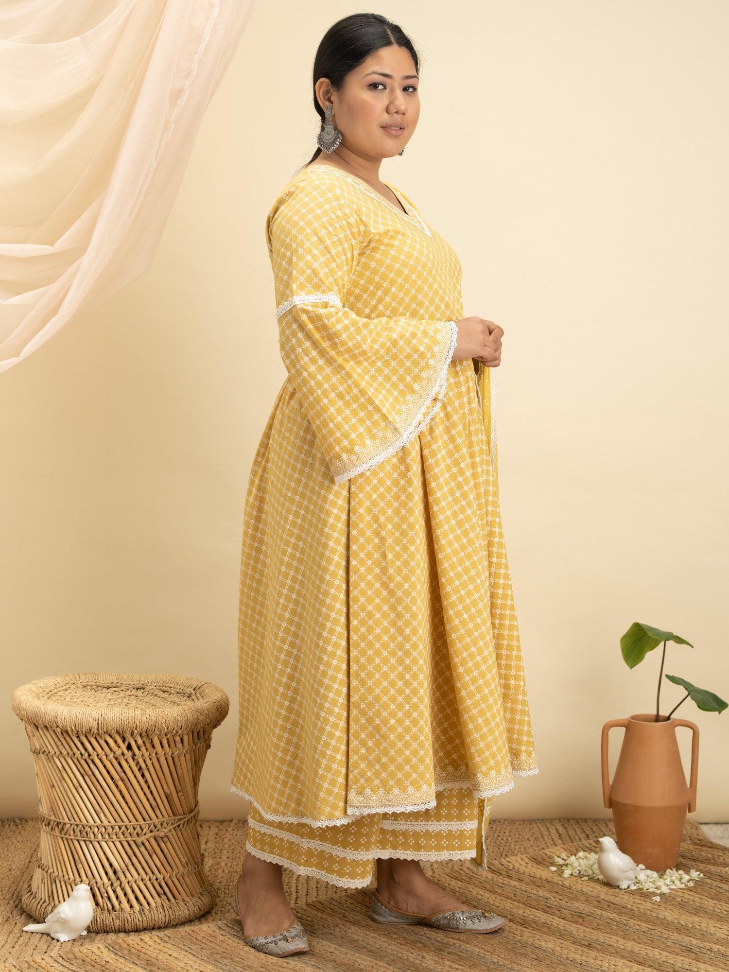 Plus Size Yellow Printed Cotton Suit Set