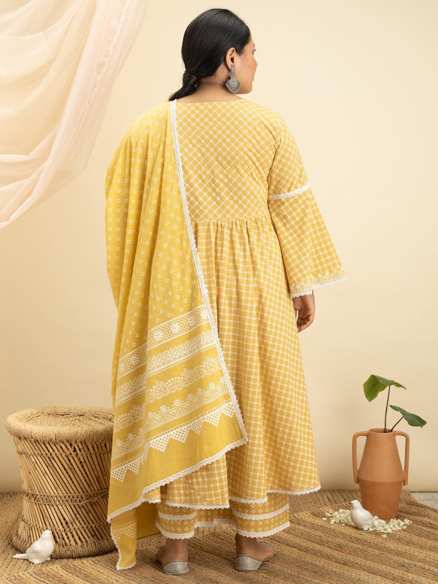 Plus Size Yellow Printed Cotton Suit Set