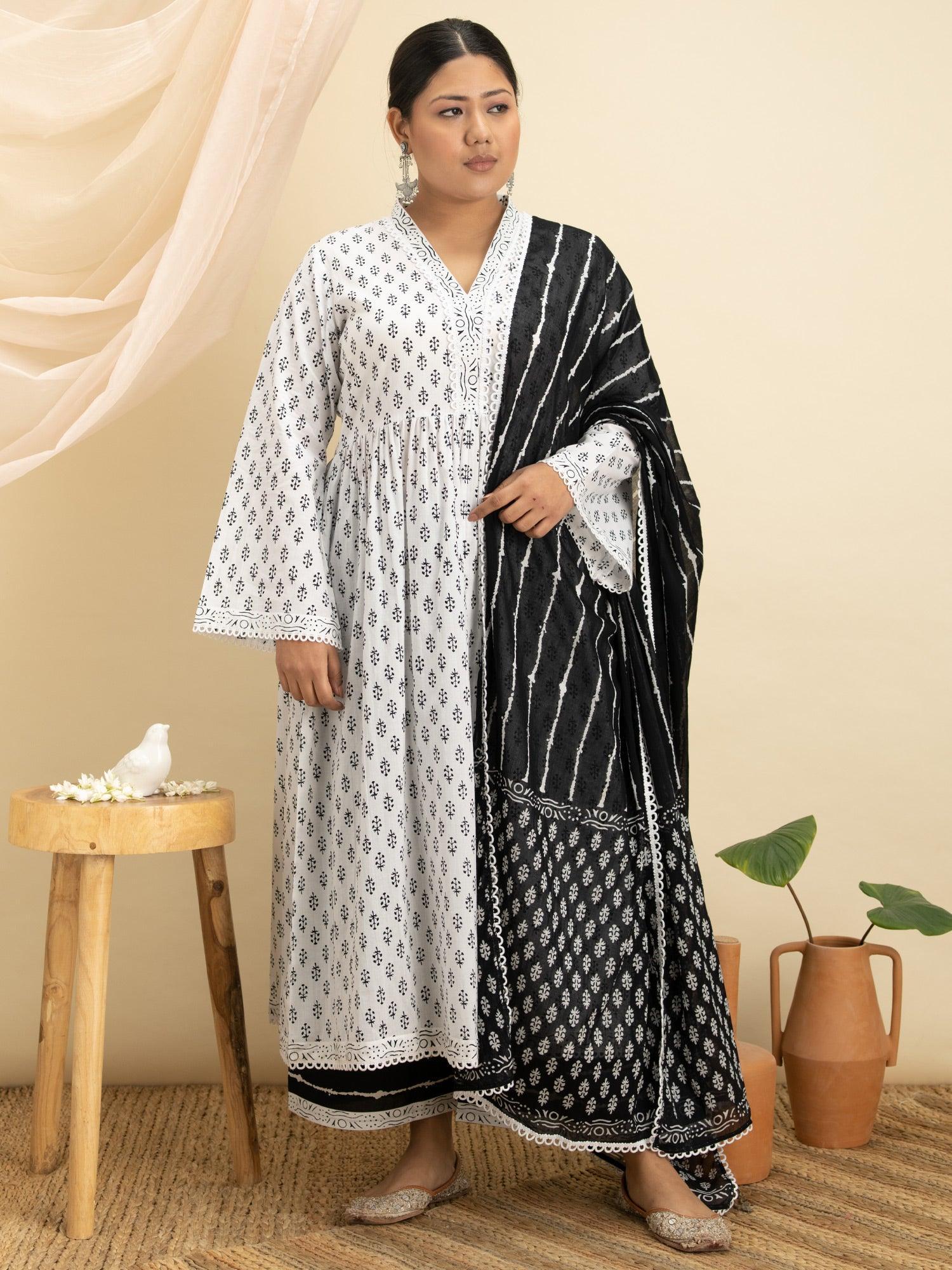 Plus Size White Printed Cotton Suit Set