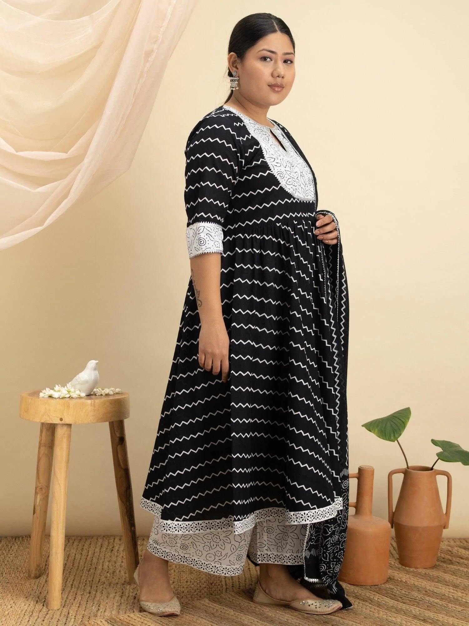 Plus Size Black Printed Cotton Suit Set