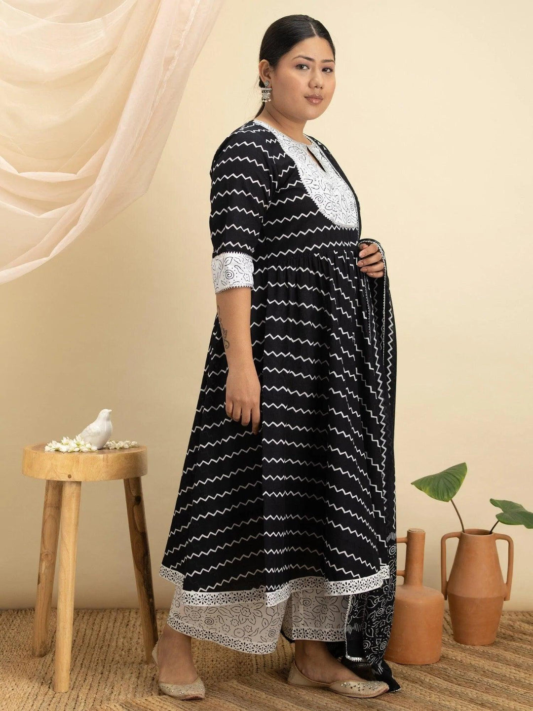 Plus Size Black Printed Cotton Suit Set - ShopLibas