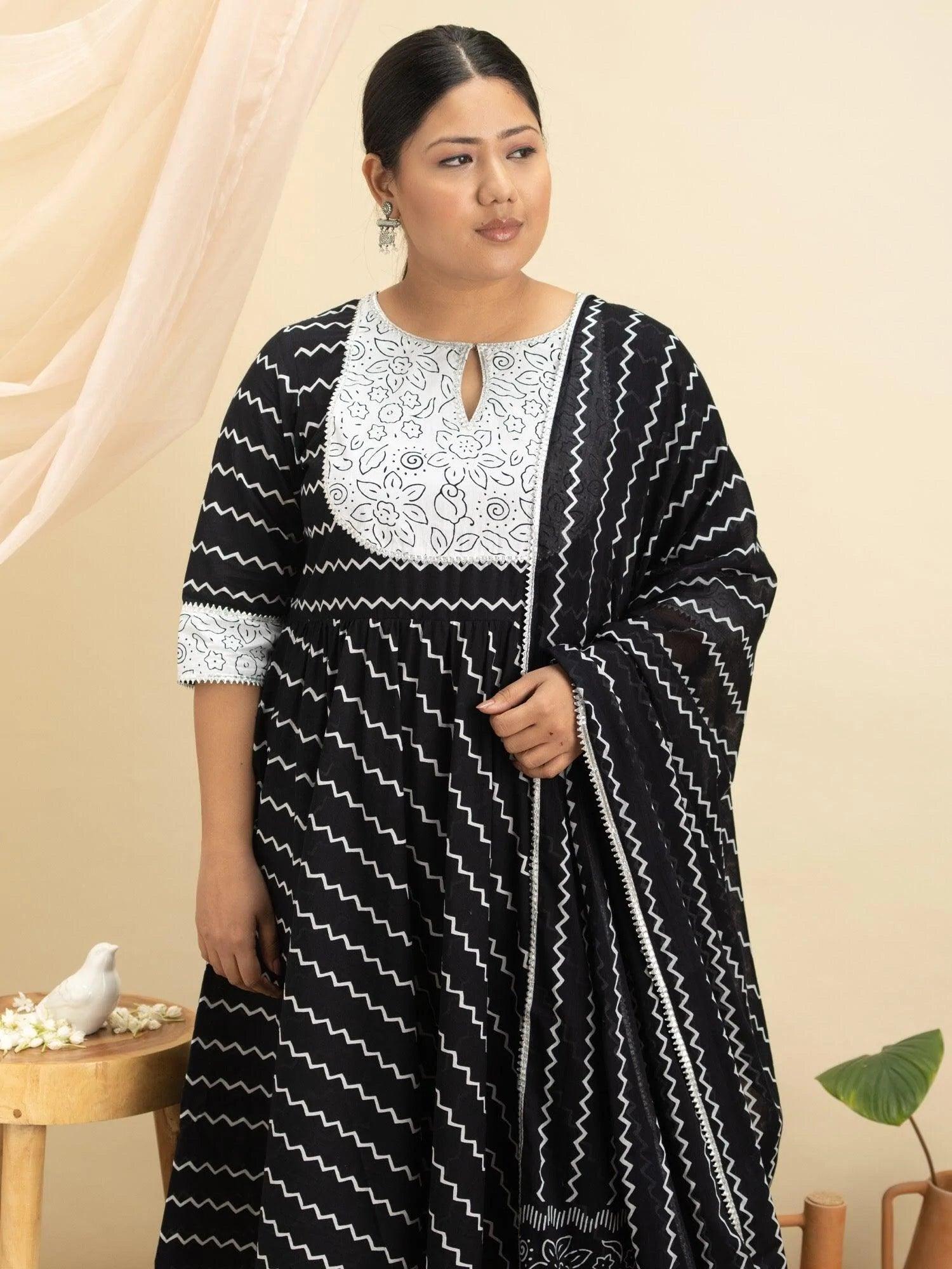 Plus Size Black Printed Cotton Suit Set