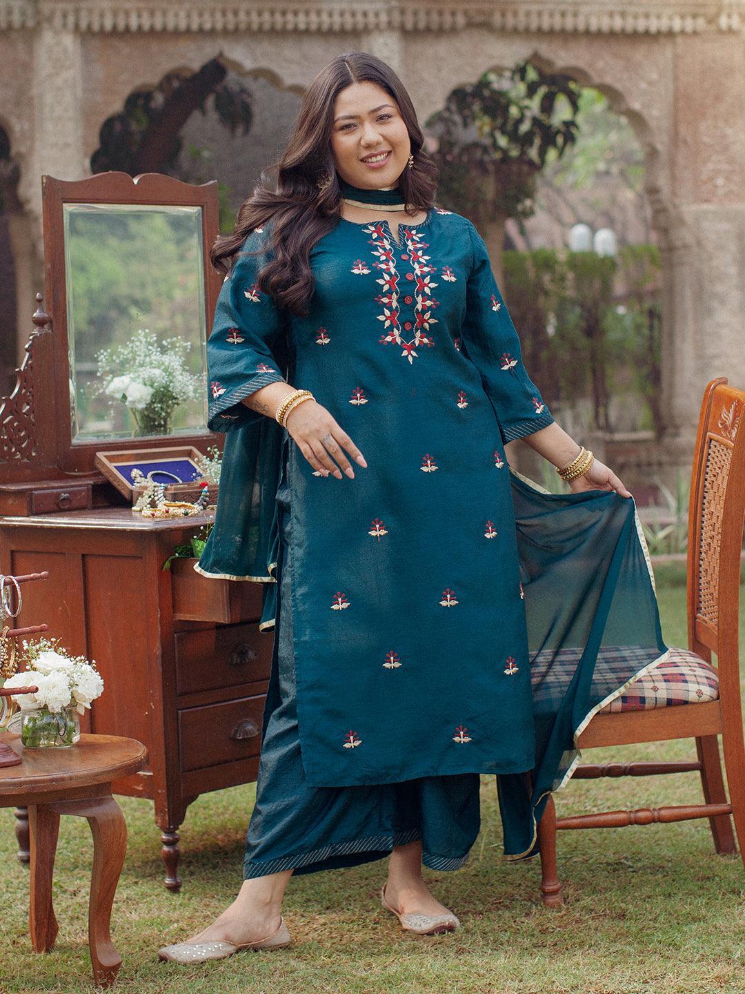 Plus Size Green Embroidered Silk Suit Set