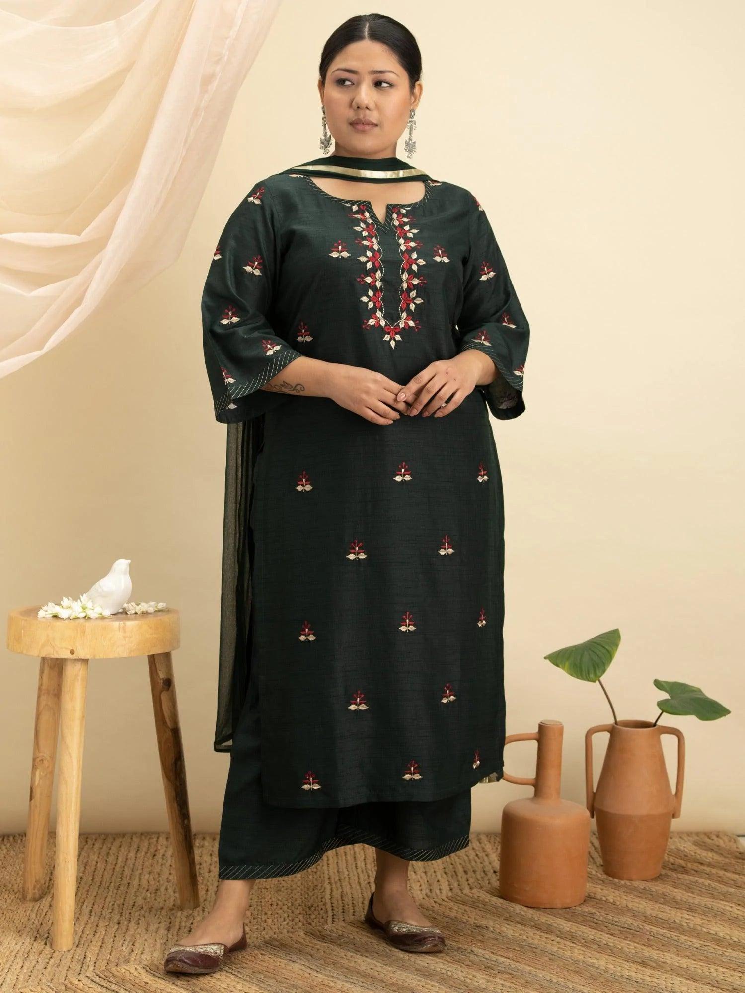 Plus Size Green Embroidered Silk Suit Set