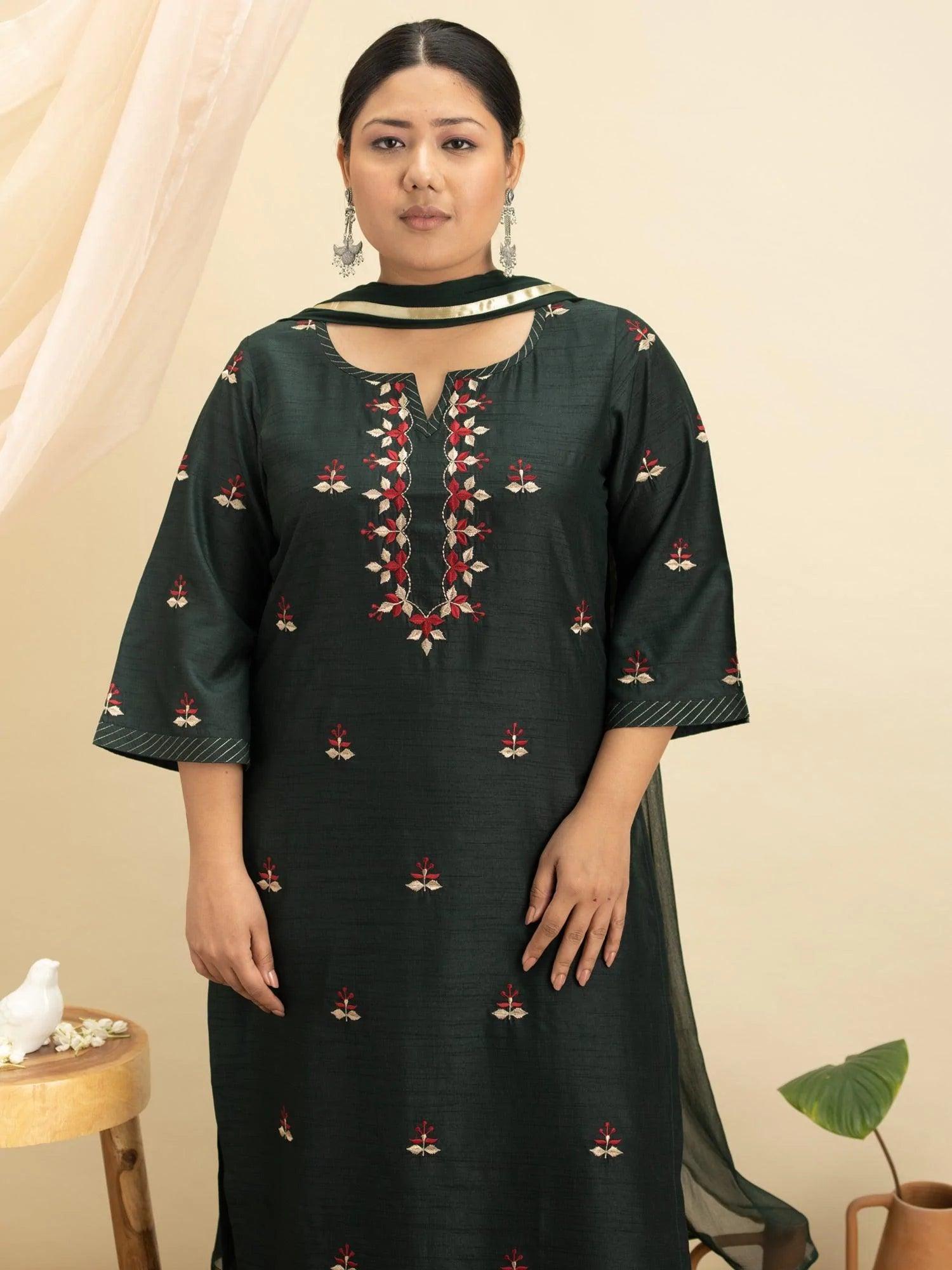 Plus Size Green Embroidered Silk Suit Set