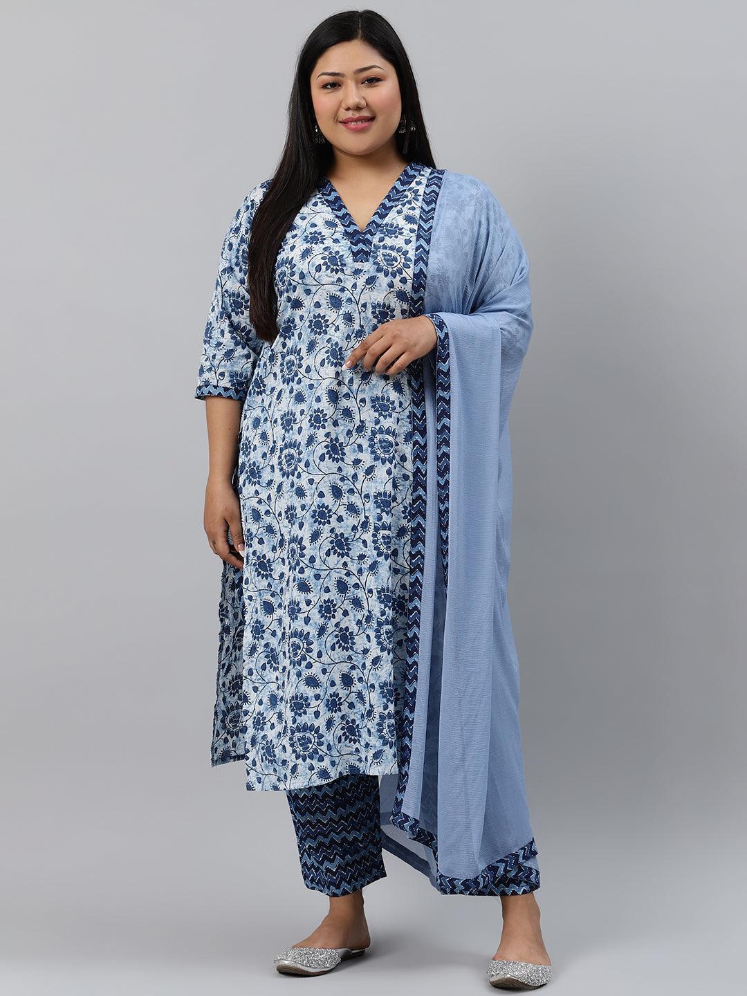 Plus Size Blue Printed Cotton Suit Set