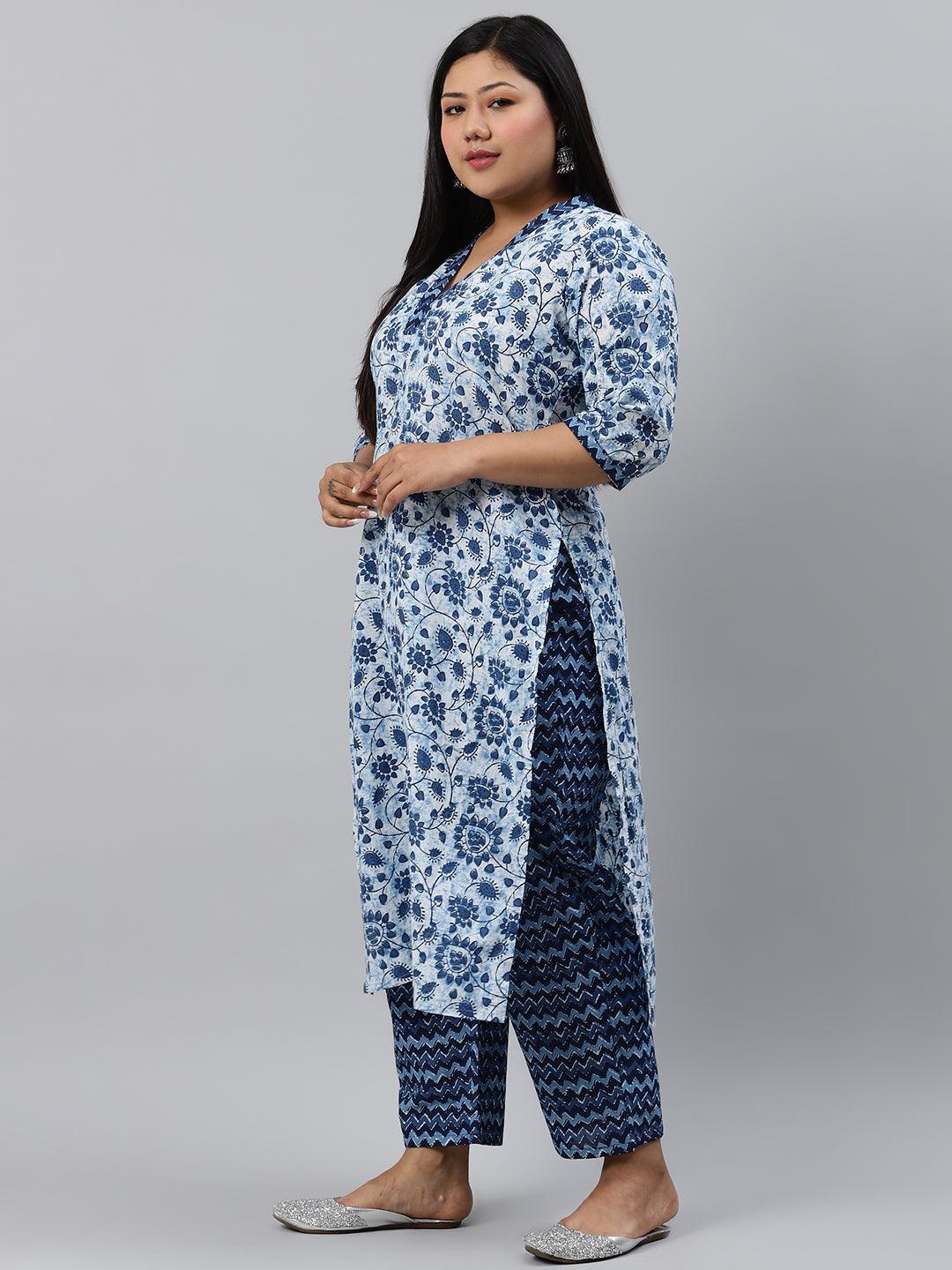 Plus Size Blue Printed Cotton Suit Set