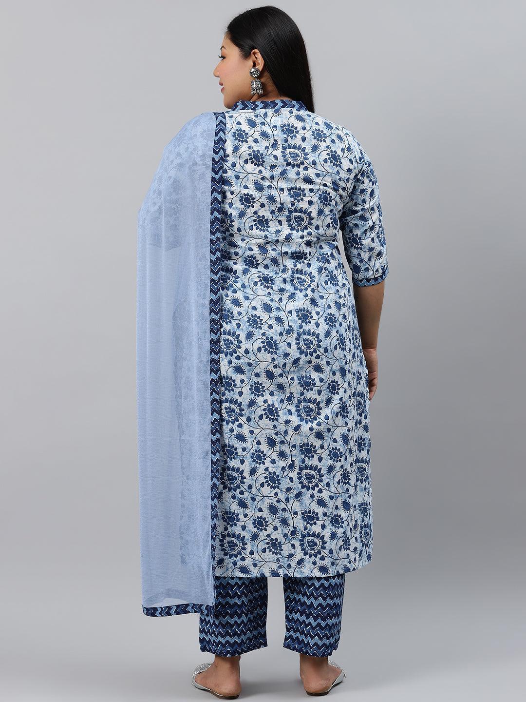 Plus Size Blue Printed Cotton Suit Set - ShopLibas