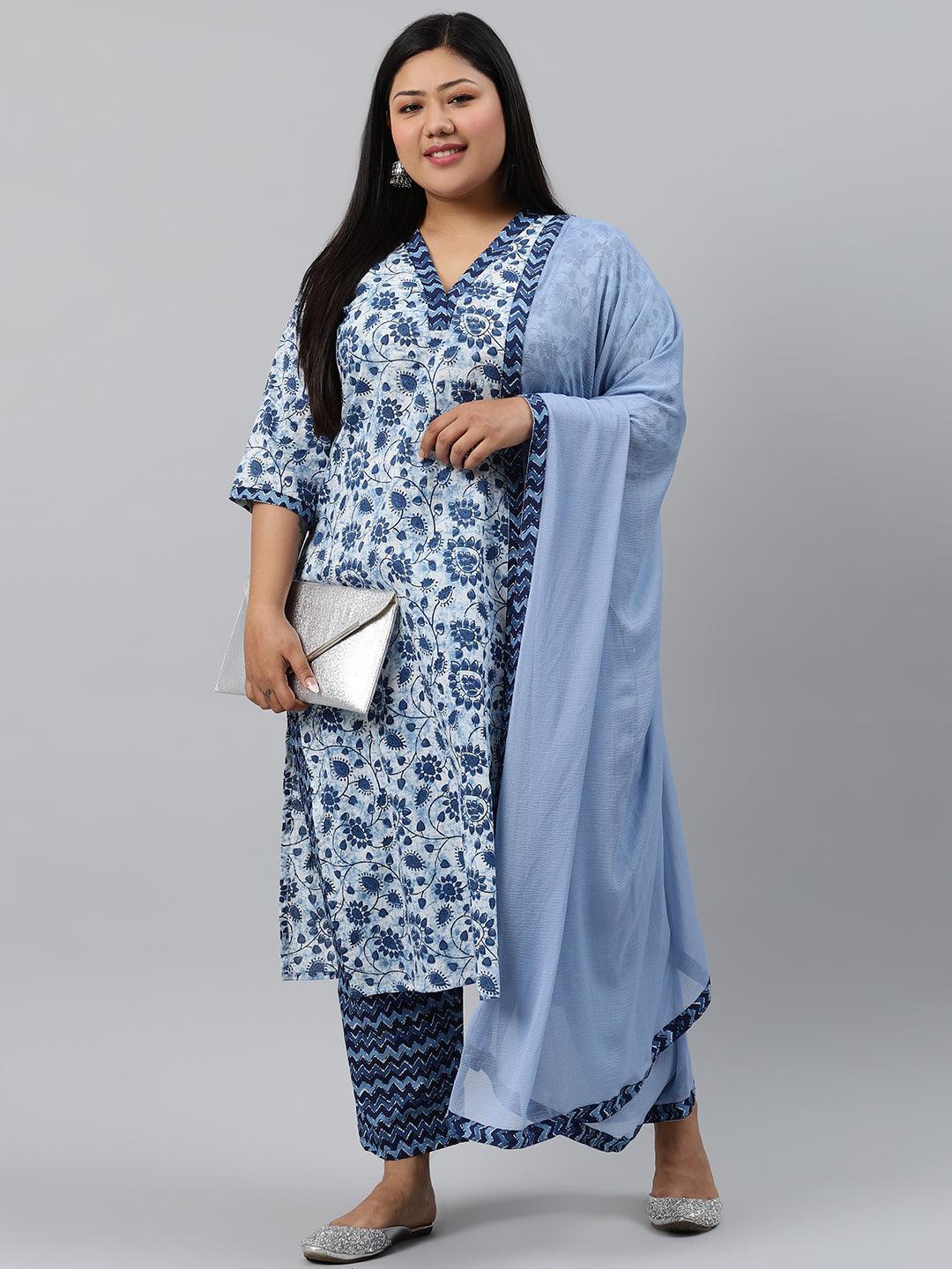 Plus Size Blue Printed Cotton Suit Set