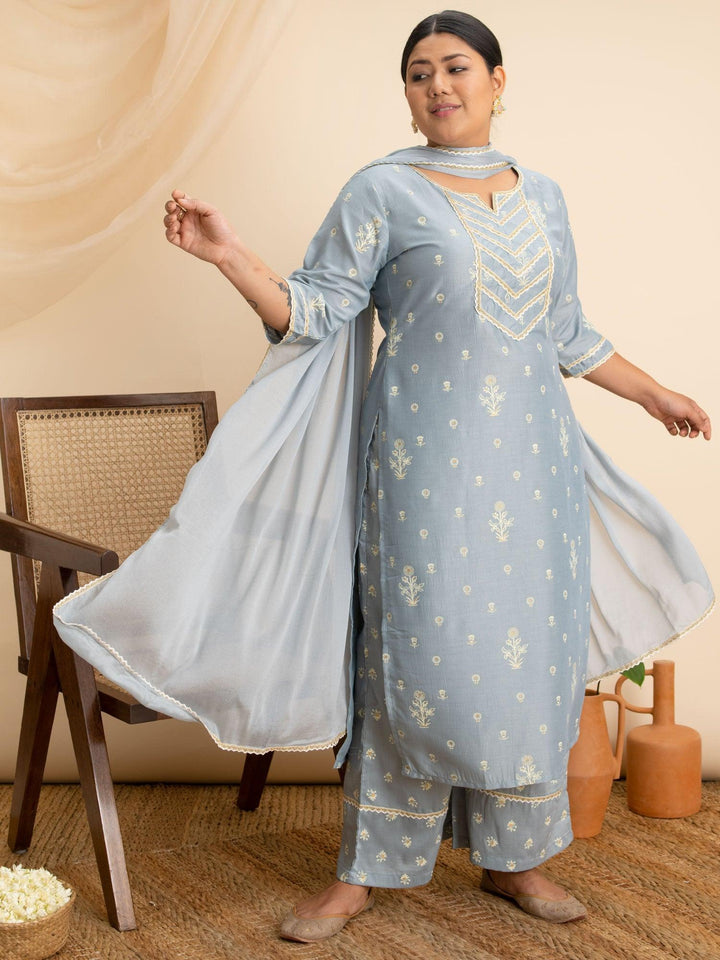 Plus Size Grey Printed Silk Suit Set - ShopLibas