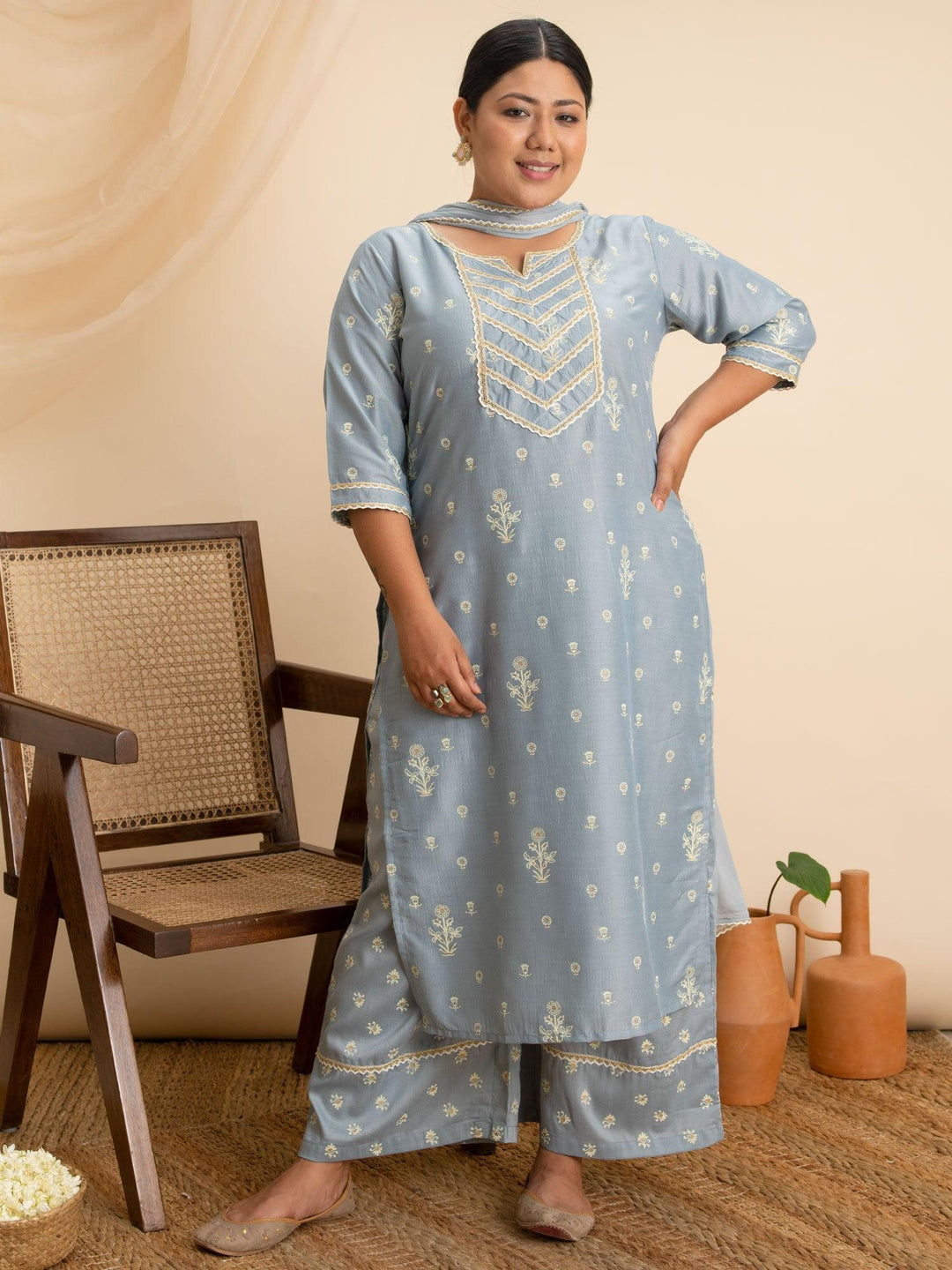 Plus Size Grey Printed Silk Suit Set - ShopLibas