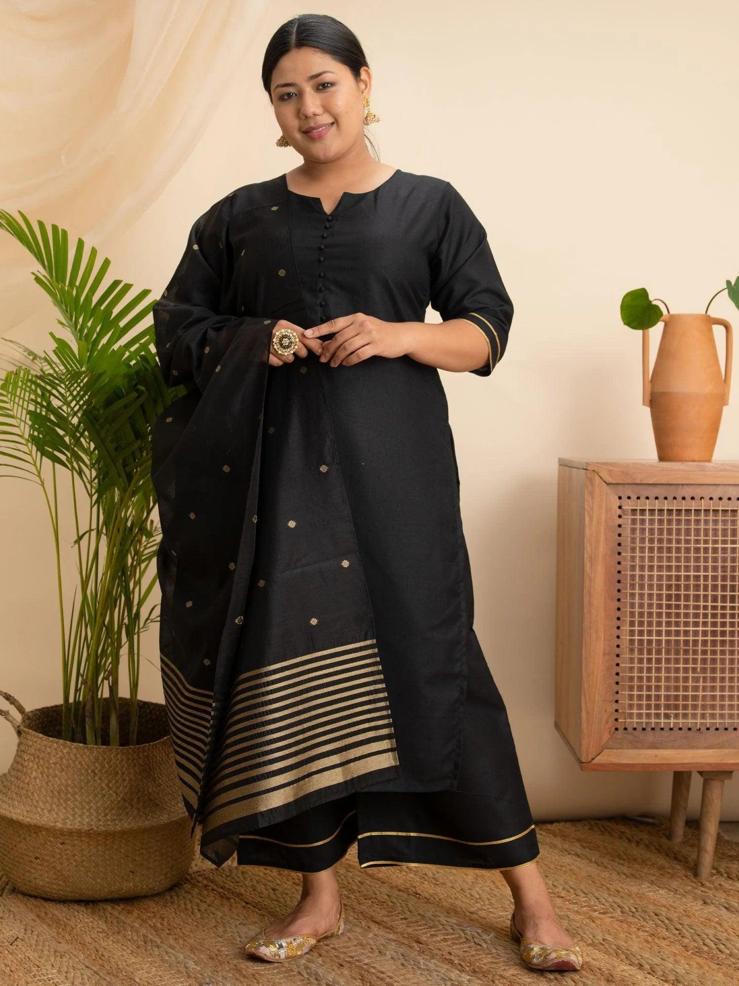 Plus Size Black Solid Cotton Suit Set