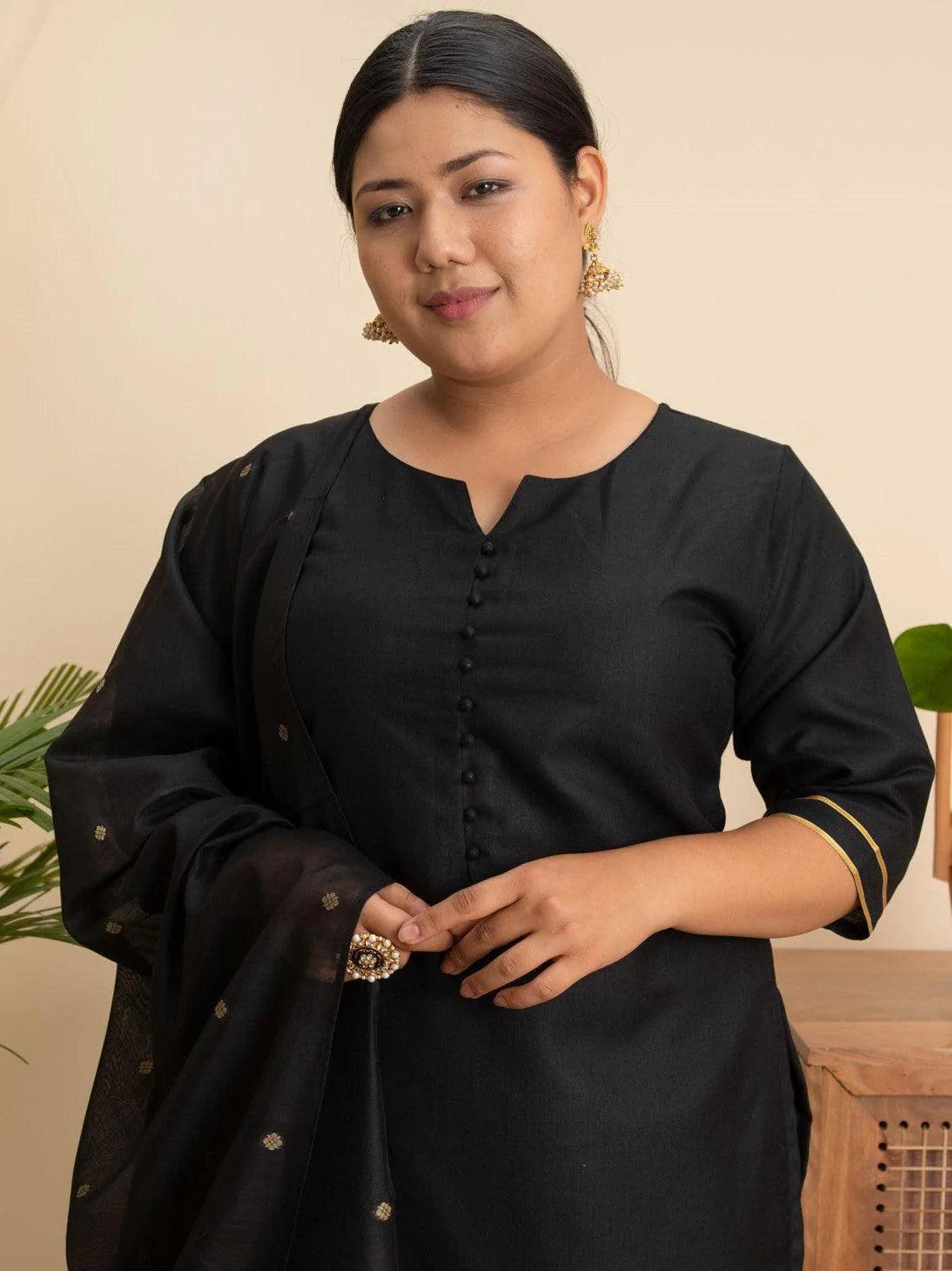 Plus Size Black Solid Cotton Suit Set