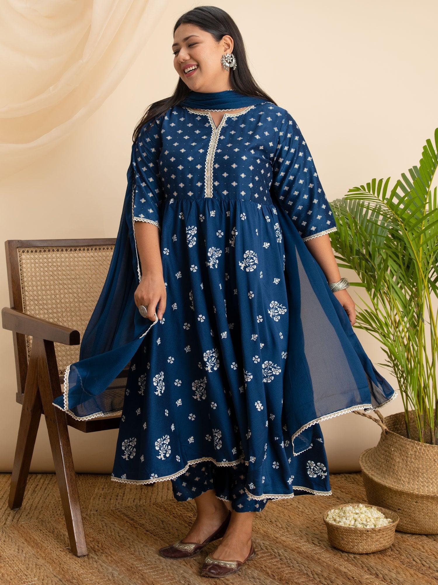 Plus Size Blue Printed Silk Suit Set