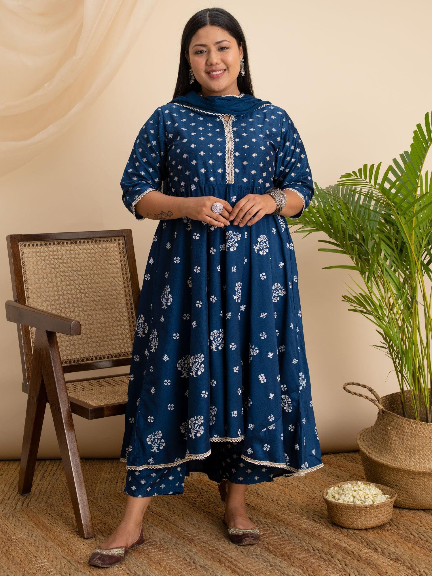 Plus Size Blue Printed Silk Suit Set