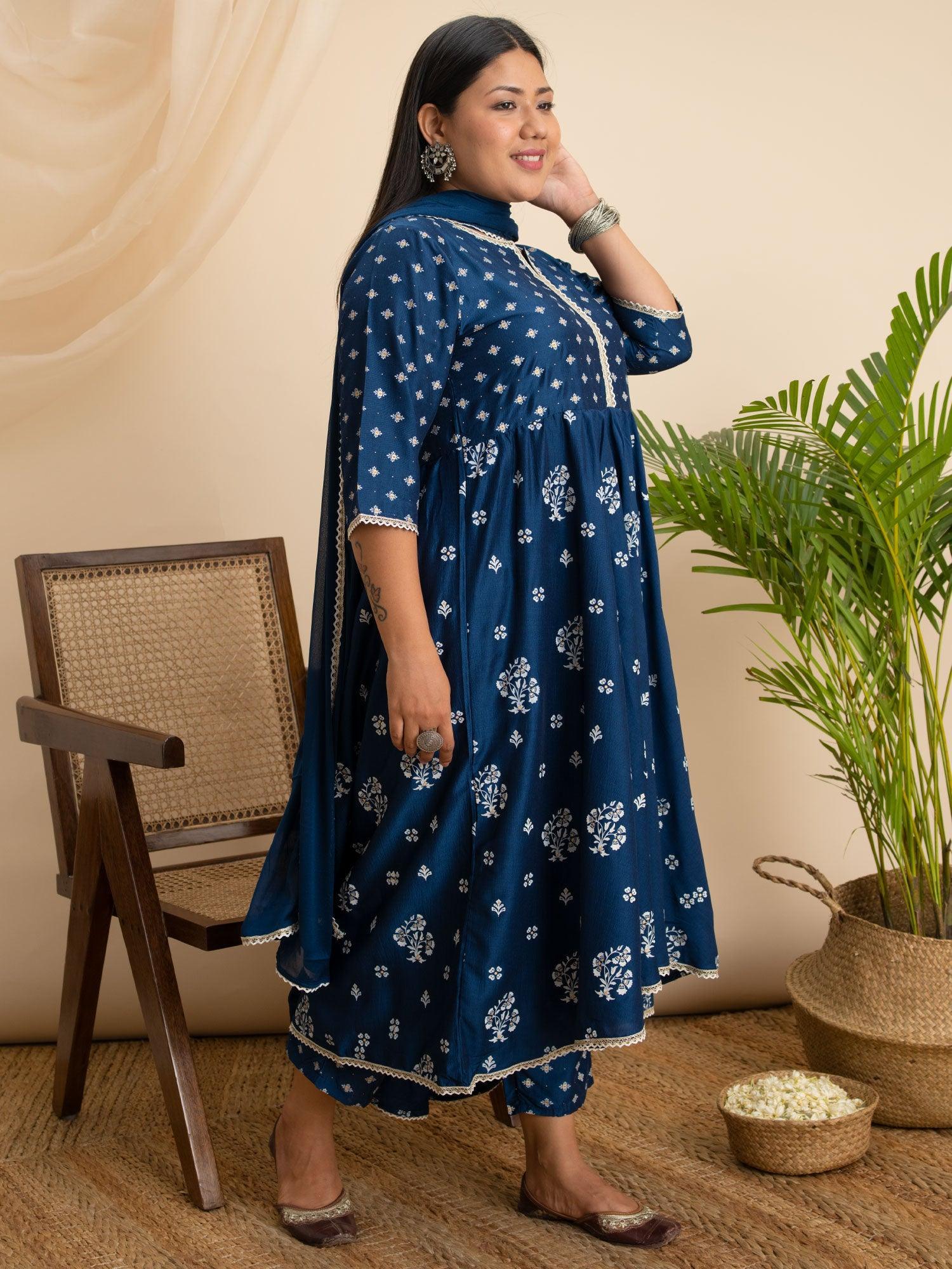 Plus Size Blue Printed Silk Suit Set