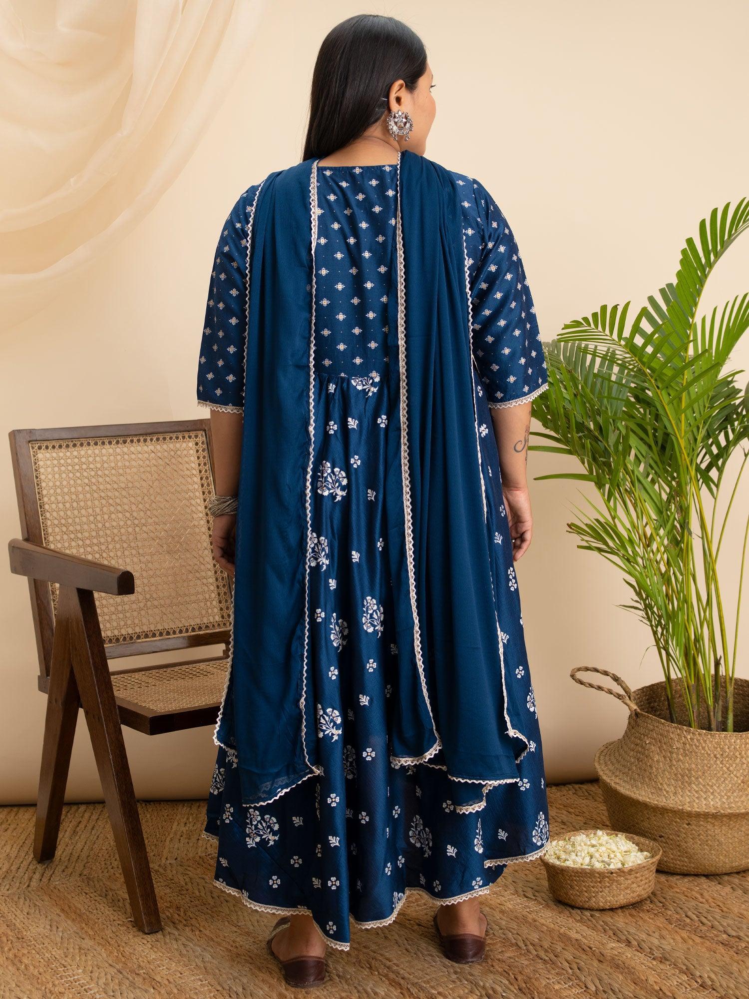 Plus Size Blue Printed Silk Suit Set