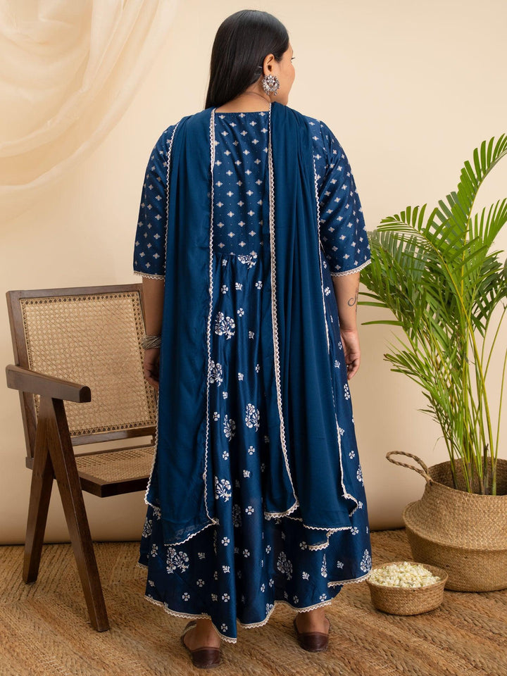 Plus Size Blue Printed Silk Suit Set - ShopLibas