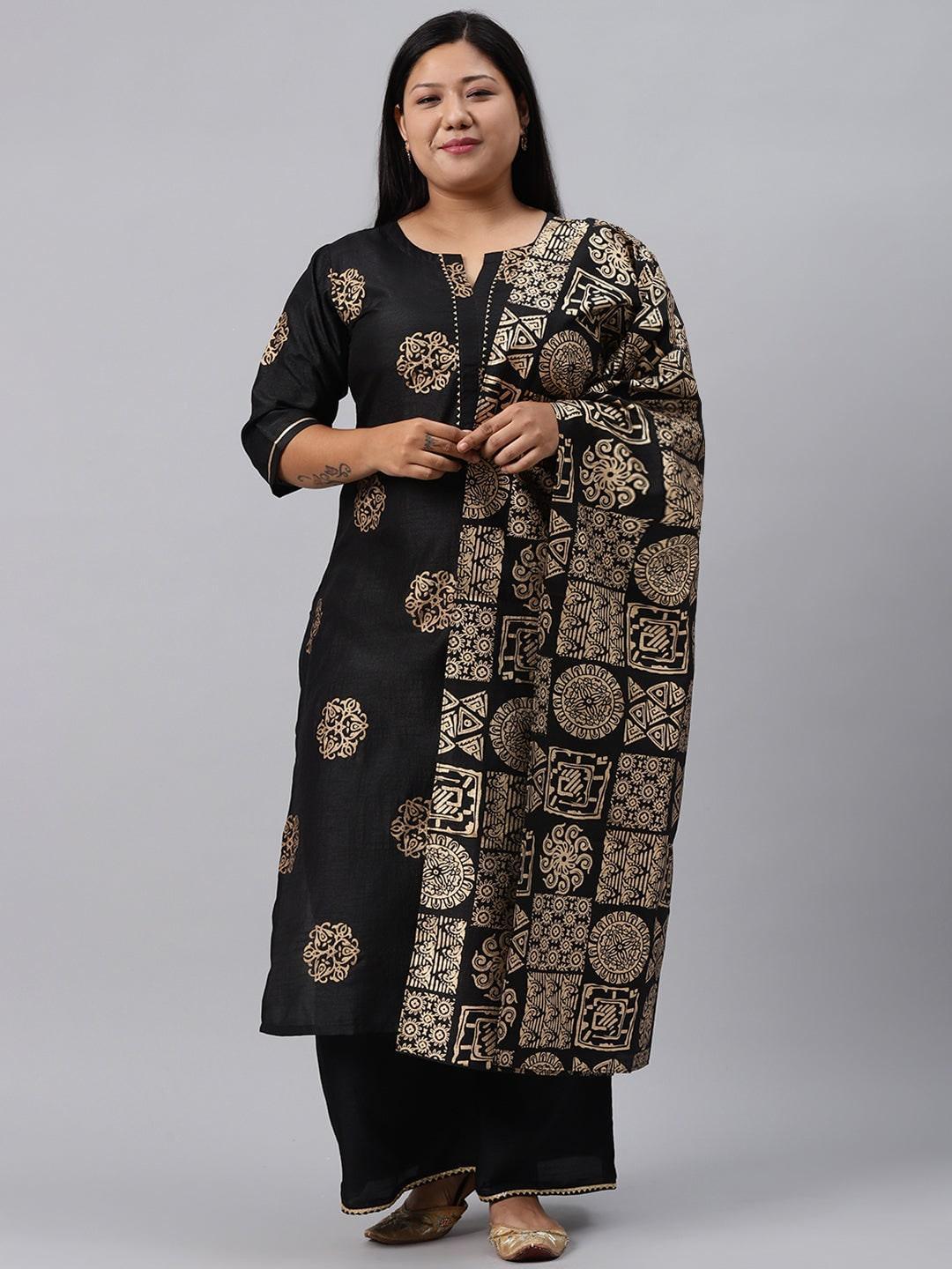 Plus Size Black Printed Silk Blend Suit Set - ShopLibas