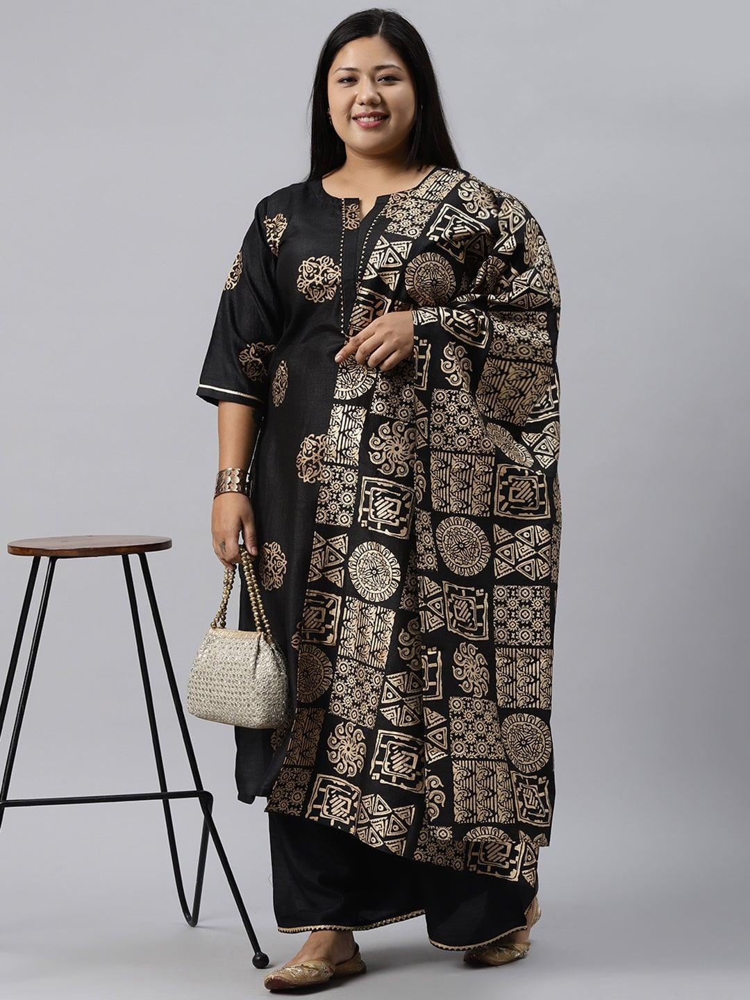 Plus Size Black Printed Silk Blend Suit Set - ShopLibas