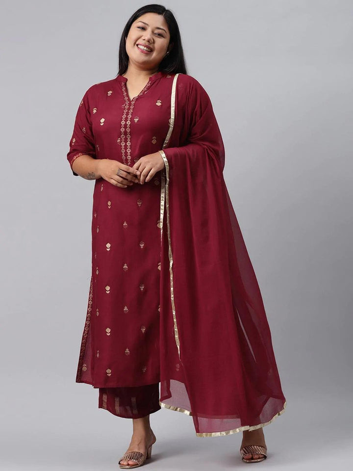 Plus Size Maroon Printed Rayon Suit Set - ShopLibas