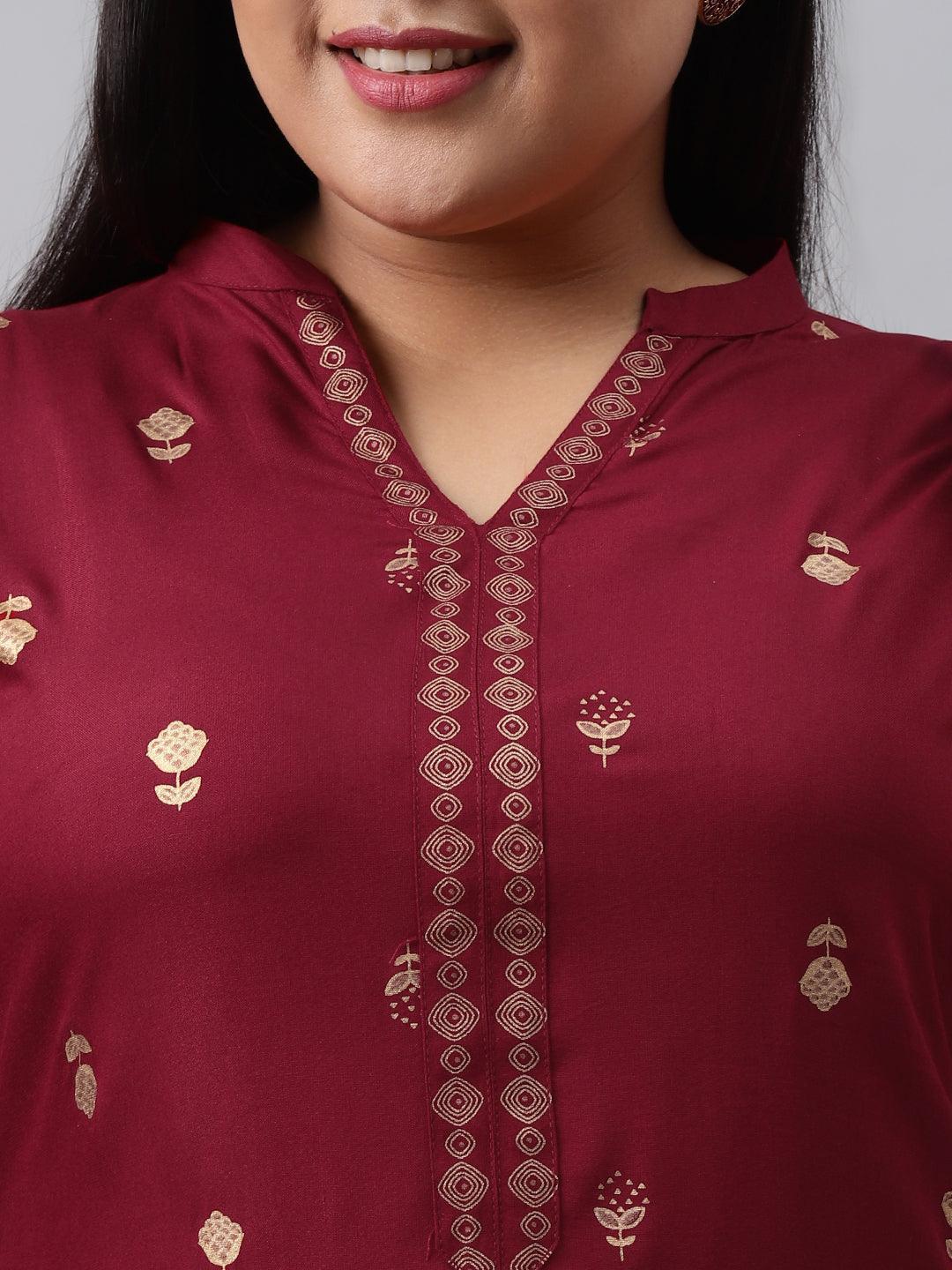 Plus Size Maroon Printed Rayon Suit Set