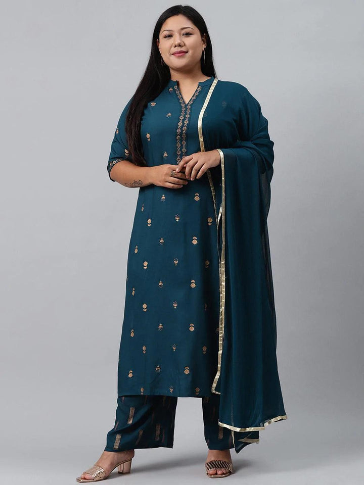 Plus Size Blue Printed Rayon Suit Set - ShopLibas