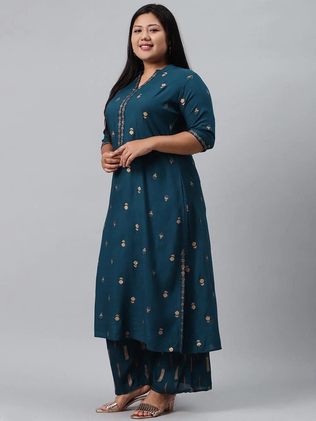 Plus Size Blue Printed Rayon Suit Set - ShopLibas