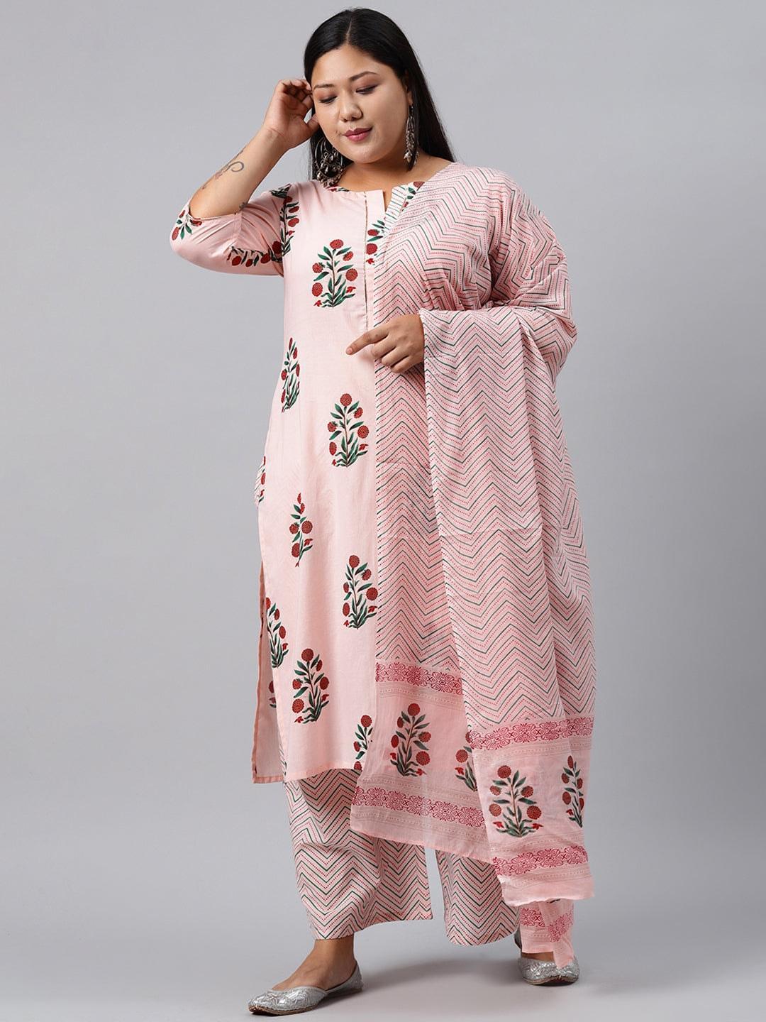 Plus Size Pink Printed Cotton Suit Set