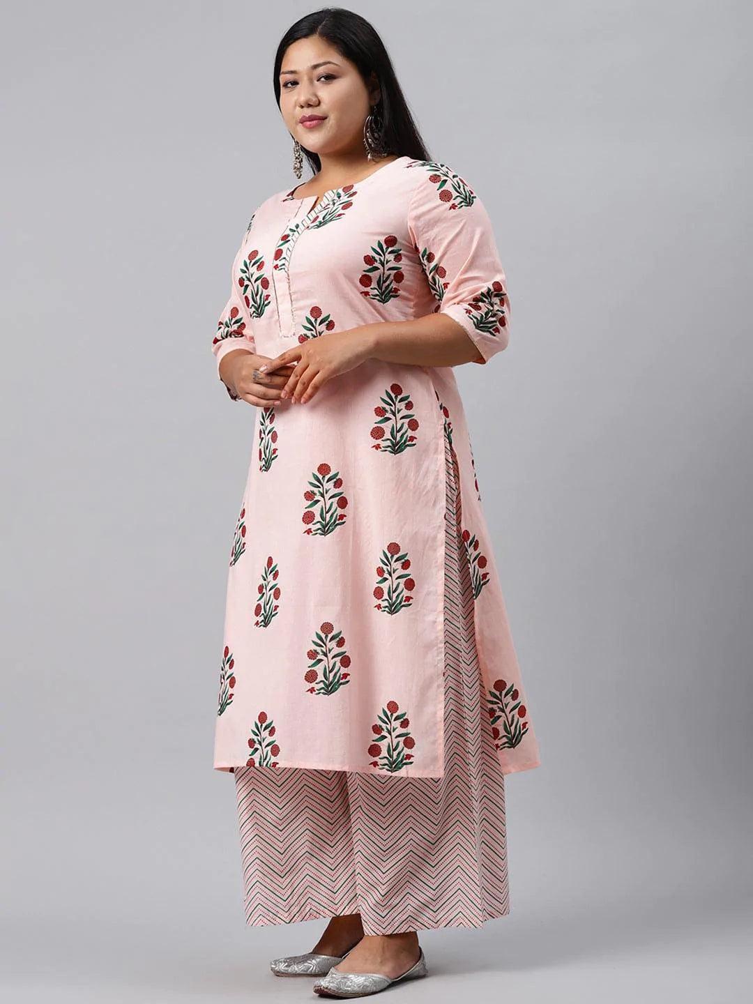 Plus Size Pink Printed Cotton Suit Set