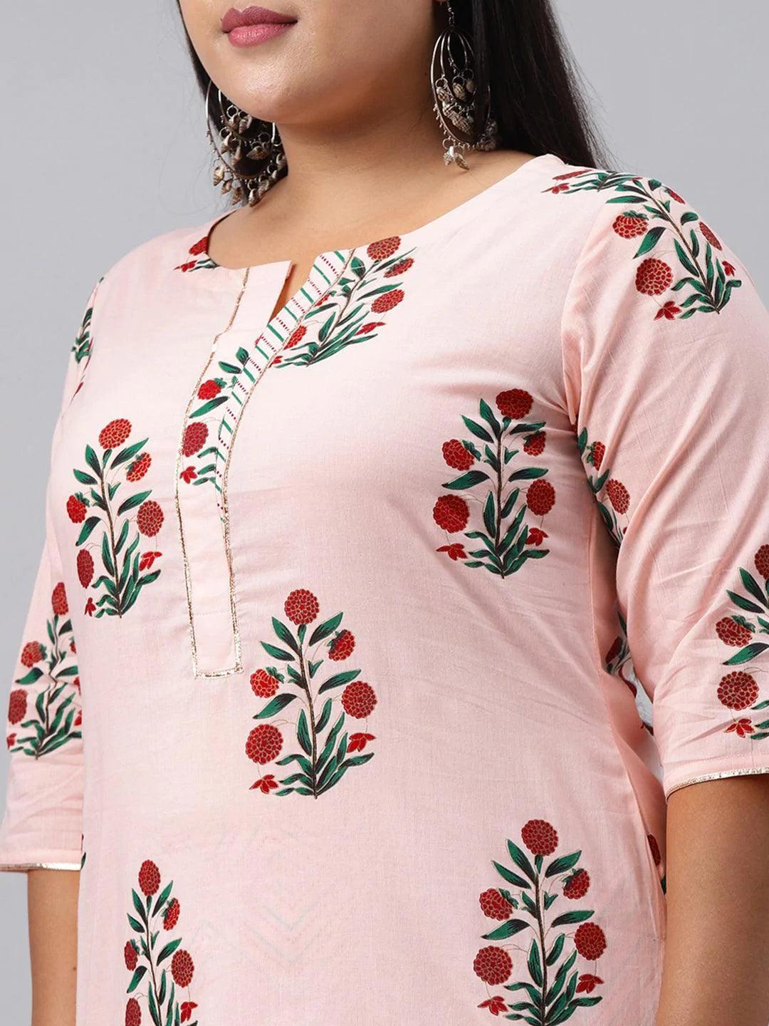 Plus Size Pink Printed Cotton Suit Set