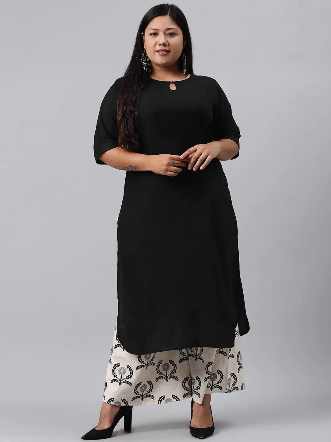 Plus Size Black Solid Rayon Kurta Set