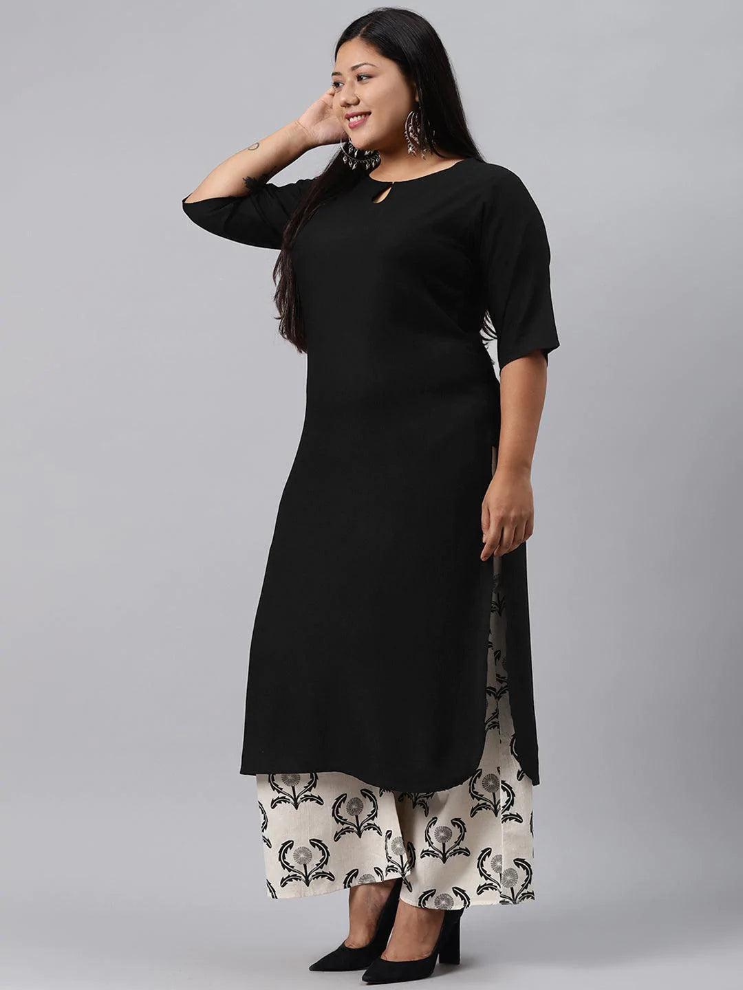 Plus Size Black Solid Rayon Kurta Set