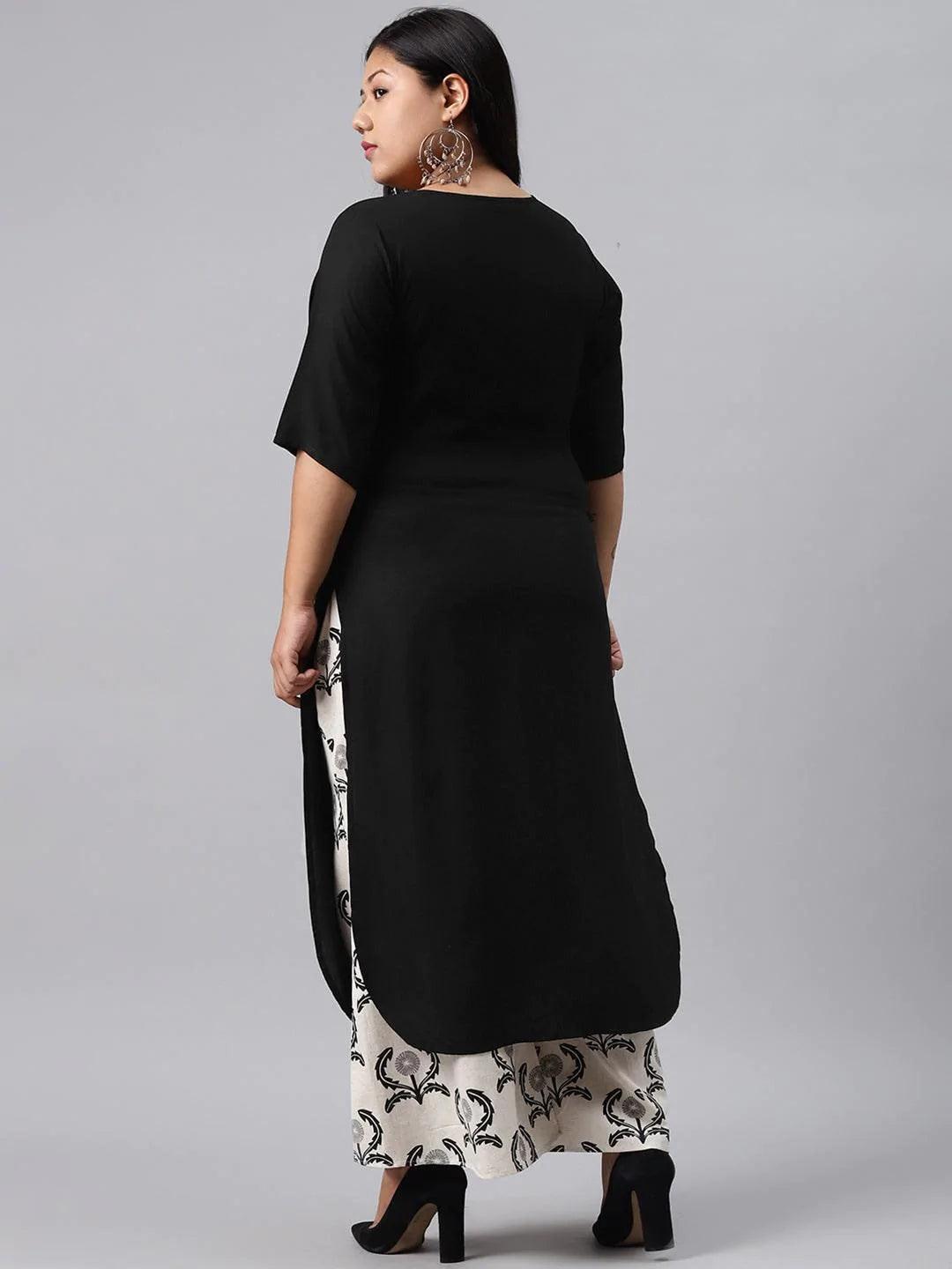 Plus Size Black Solid Rayon Kurta Set