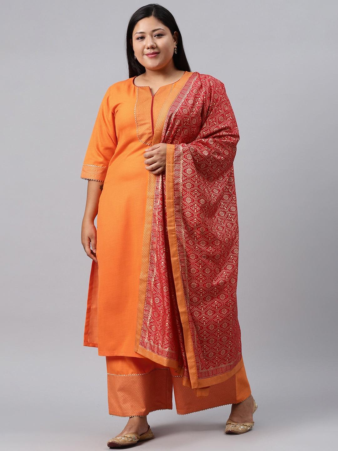 Plus Size Orange Solid Cotton Suit Set